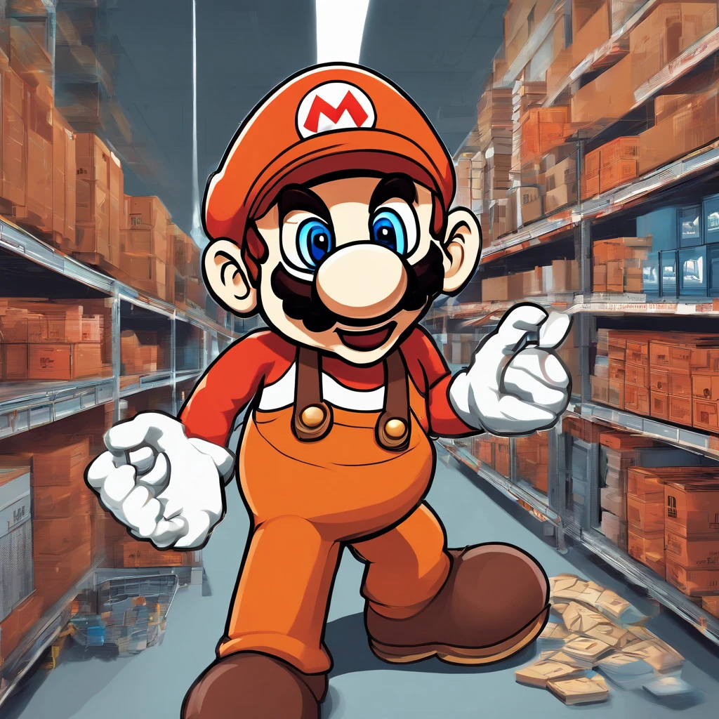(Mario), Super Mario, (blue eyes, red hat, orange apron , orange suspenders, orange and black gloves, )full body, exaggerated expressions and actions, clean background, bright iridescent highlights, studio lighting, atmospheric lighting, with exquisite texture, high detail, high resolution, 8k, best quality, ultra high definition, (Mario as a Home Depot associate), (Home Depot), (The Home Depot), (Mario as a Home Depot Employee)
