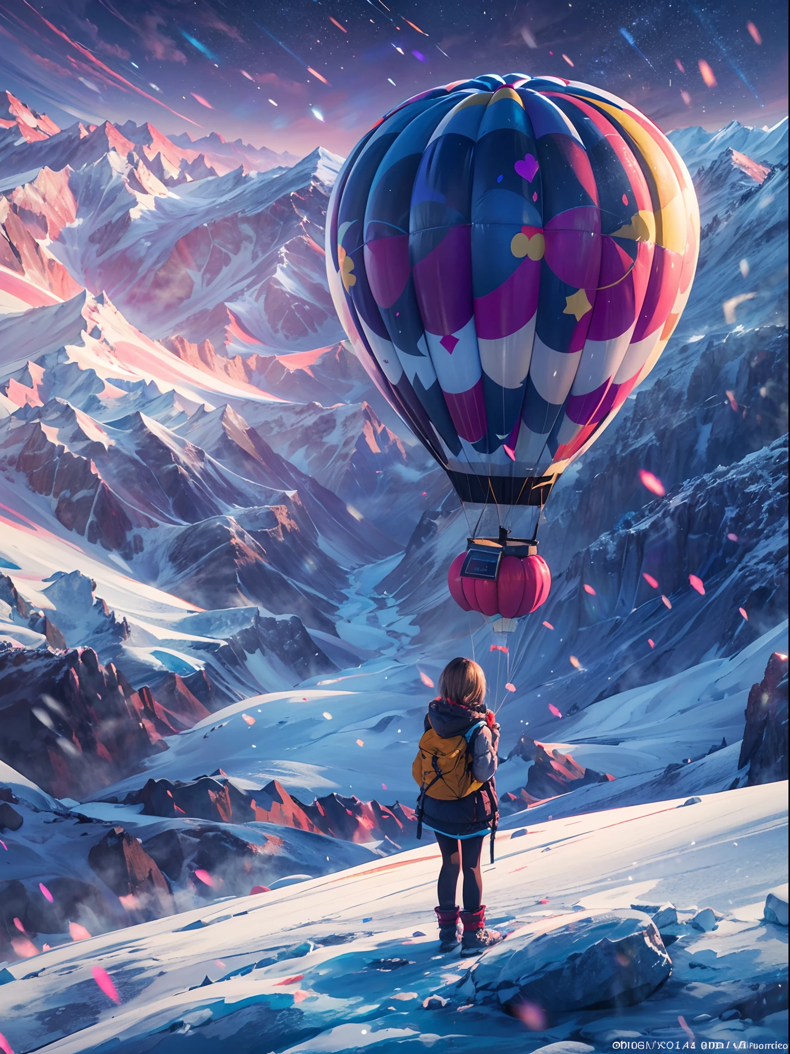 A girl enjoy their winter vacation trip at snow mountain glacier in the hot air balloon, flying in the air through hot air balloon, super detailed concept art, 24K UHD night view, Full HD resolution, snow flakes, rendered by octane, unreal engine 5 effects, extremely detailed, masterpiece collection, best quality
