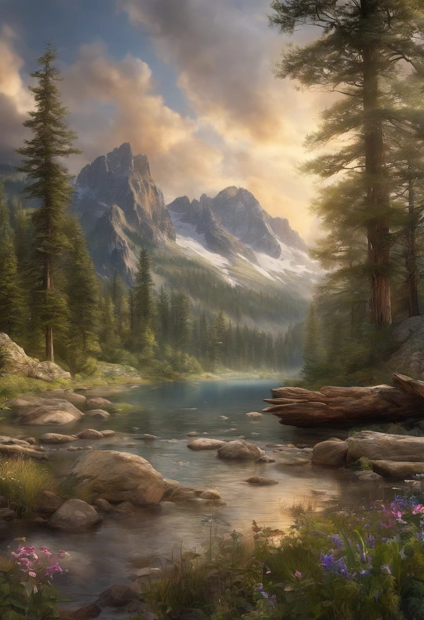 (realistic landscape,highres,masterpiece:1.2),vivid colors,ultra-detailed,sharp focus,physically-based rendering,natural lighting,forest,mountains,river,reflective lake,rolling hills,sunlit clouds,towering trees,colorful wildflowers, serenity,harmony,free flowing, peaceful ambiance,gentle breeze,harmonious color palette,tranquil atmosphere,sublime beauty,awe-inspiring scenery,serene and majestic,pristine nature.