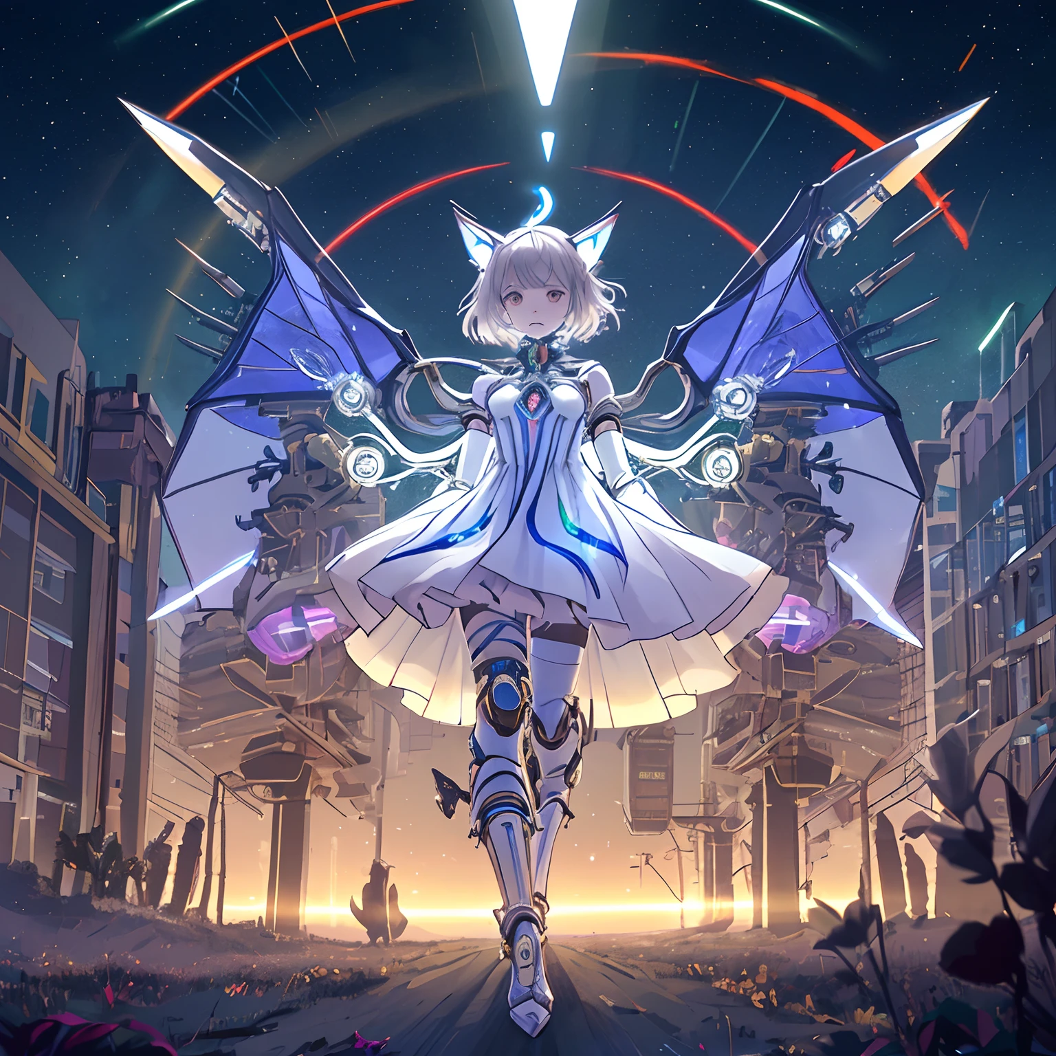 A girl and a boy, their mouths covered with bandages, bandages wrapped all over their bodies, resembling mechanical mummies. Their entire bodies are covered in bandages, with no other visible features. They have mechanical limbs and a mechanical torso. The girl has a cute and slender figure. The scene is filled with particles and vibrant, colorful lights. The girl is wearing high heels and has a halo above her head. Her mechanical limbs are adorned with RGB light strips. She appears to be wearing transparent clothing with a laser-like design. The composition of the image is rainbow-like, with elements such as light pollution and intricate lines. The girl is wearing a colorful dress with a mechanical structure. She also has mechanical cat ears and mechanical demonic wings. The boy has a similar appearance, with the same mechanical features and bandaged body, but without the feminine attire.