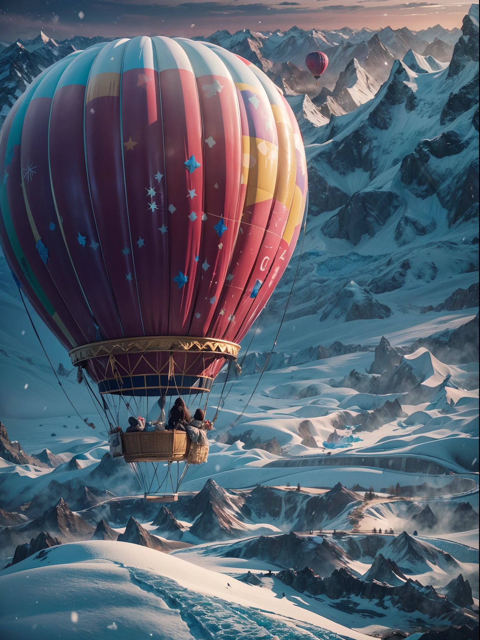 A girl enjoy their winter vacation trip at snow mountain glacier in the hot air balloon, flying in the air through hot air balloon, super detailed concept art, 24K UHD night view, Full HD resolution, snow flakes, rendered by octane, unreal engine 5 effects, extremely detailed, masterpiece collection, best quality