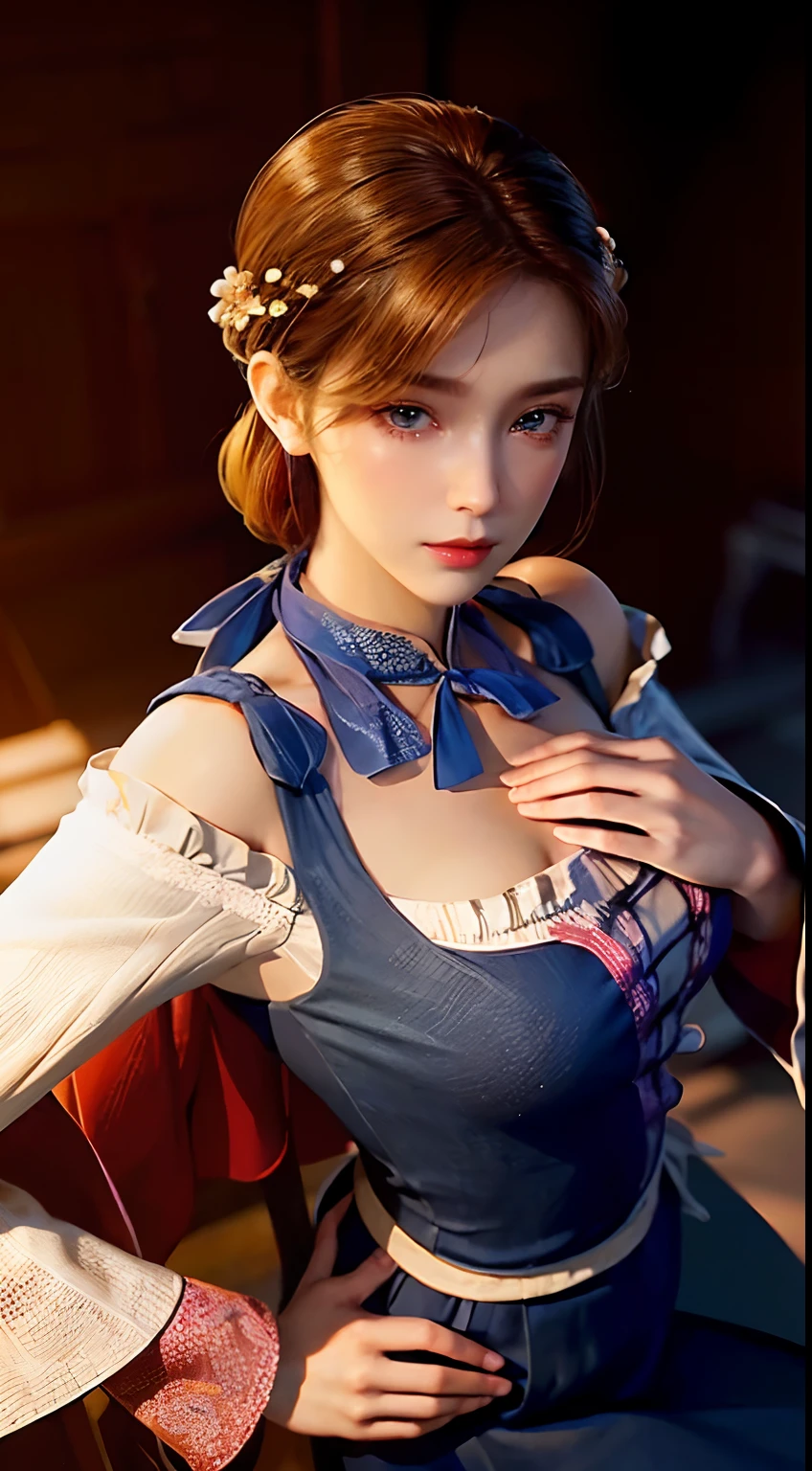 (unparalleled masterpiece, ultra realistic 8k CG, perfect artwork, perfect female figure,dramatic shadow,ray tracing),
( spotlight,perfect lighting,detailed light,dramatic shadow,ray tracing),
(mature female, milf, an extremely delicate and beautiful:1.2),
(seductive posture, implied sex,clothed sex),((large breasts:1.1)),(plentiful:1.3),(short hair:1.5),
wide hips, (ru_qun,ancient china background, china patterns, shawl, hagoromo, hanfu, detailed clothes,chinese pattern dress:1.2), (indoors + dark vibe + china courtyard + pavilion + peaceful + bridge + trees),