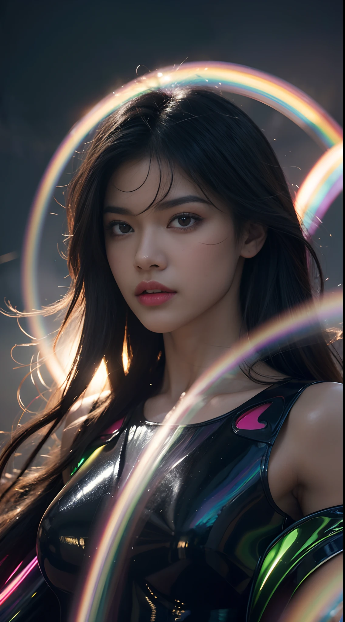Zendaya amidst heavy thick gel rain, close up, glowing ebony black skin, clashing natural Elements swirling upon magical Rainbow colors tornado, photorealistic, hyperrealism, professional photography, DSLR, HDR, holographic emerging from 2D to 3D