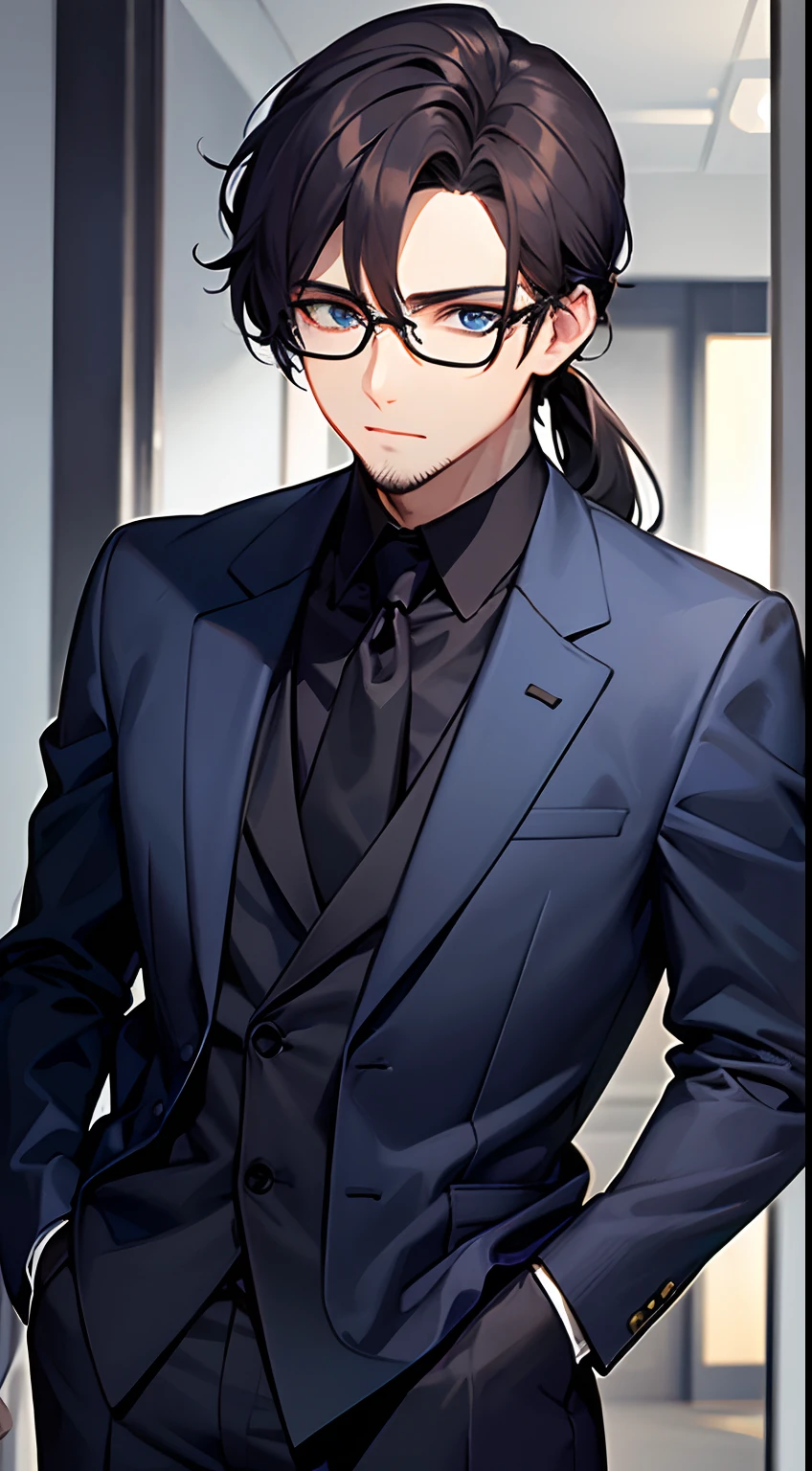 expressive eyes, perfect face, blue suit with black shirt, circle shaped eye glasses, brown long hair, handsome looking boy, standing, tied up hairstyle, light beard