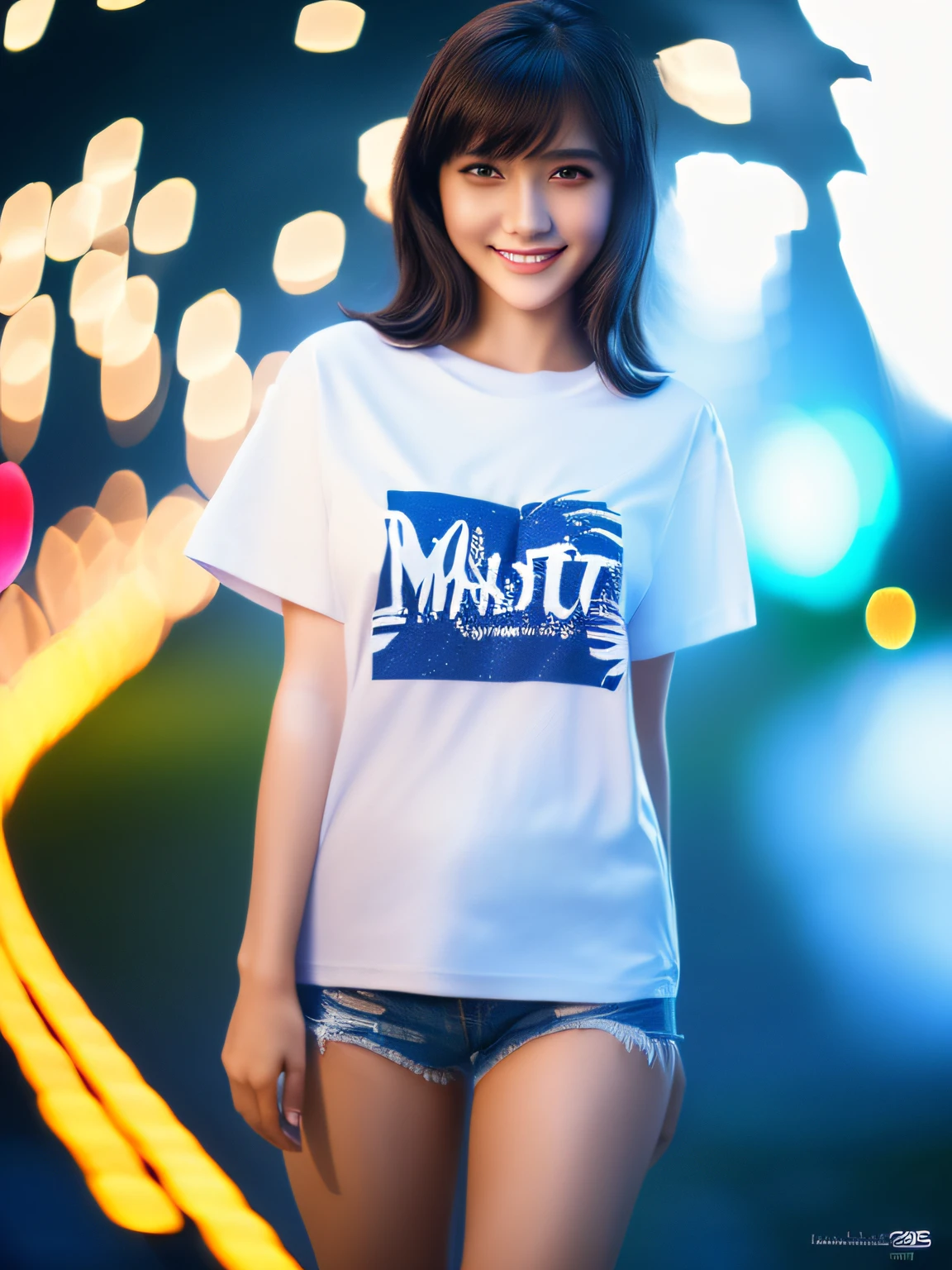 1 girl,(full body:1.3),high school student,(plain white t-shirt:1.3),light smile,medium breasts,pointy breast,
master piece,8k,(master piece,ultra high resolution:1.5),(master piece,photorealistic:1.5),(master piece,best quality,ultra detailed:1.5) master piece,detailed eyes,master piece,detailed face,
