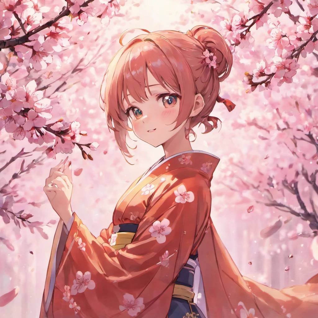 Anime avatar upper body ultra transparent top production 4k game heartbeat literature department Monica wearing cherry blossom kimono with smile tied dark orange single ponytail with cherry blossom background