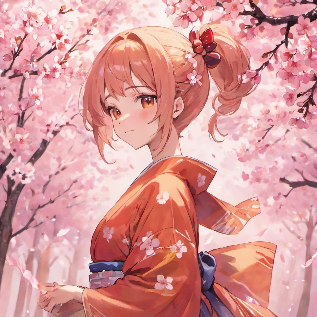 Anime avatar upper body ultra transparent top production 4k game heartbeat literature department Monica wearing cherry blossom kimono with smile tied dark orange single ponytail with cherry blossom background