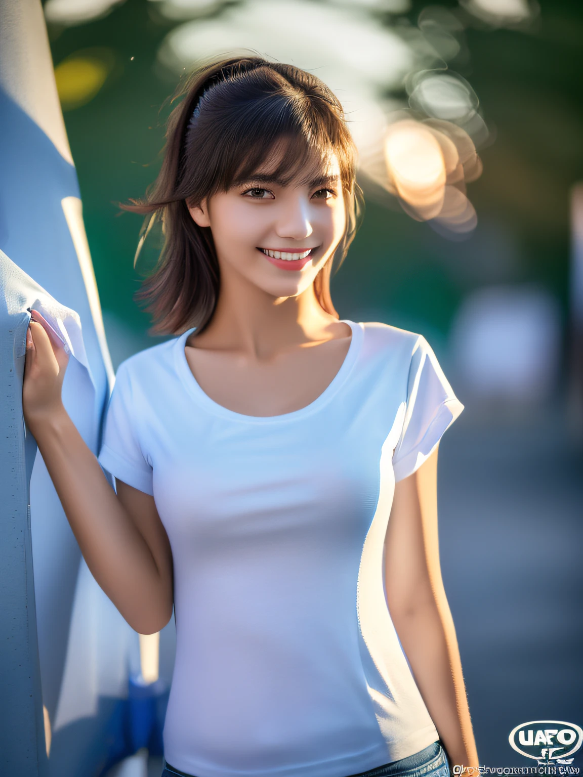1 girl,(full body:1.3),high school student,(plain white t-shirt:1.3),light smile,medium breasts,pointy breast,
master piece,8k,(master piece,ultra high resolution:1.5),(master piece,photorealistic:1.5),(master piece,best quality,ultra detailed:1.5) master piece,detailed eyes,master piece,detailed face,