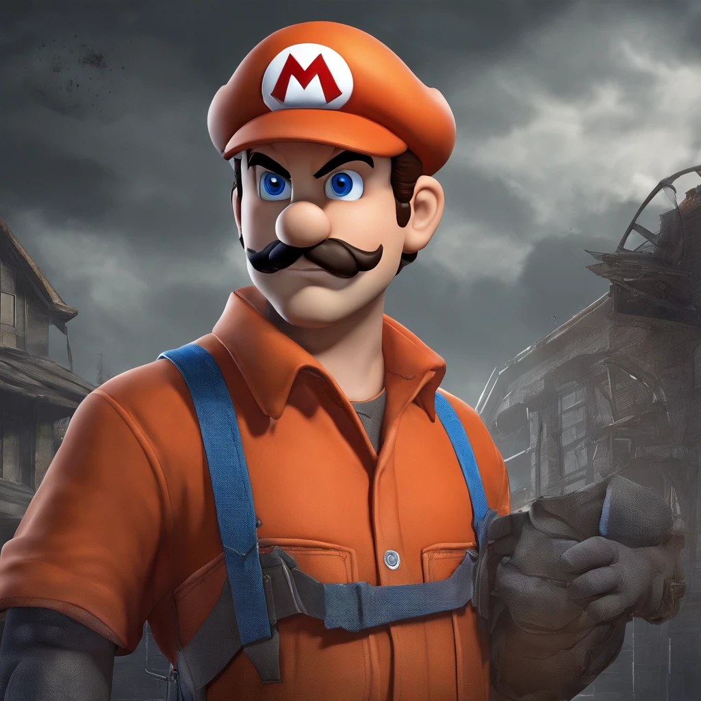 (Mario), Super Mario, (blue eyes, red hat, orange apron , orange suspenders, orange and black gloves, )full body, exaggerated expressions and actions, clean background, bright iridescent highlights, studio lighting, atmospheric lighting, with exquisite texture, high detail, high resolution, 8k, best quality, ultra high definition, (Mario as a Home Depot associate), (Home Depot), (The Home Depot), (Mario as a Home Depot Employee)