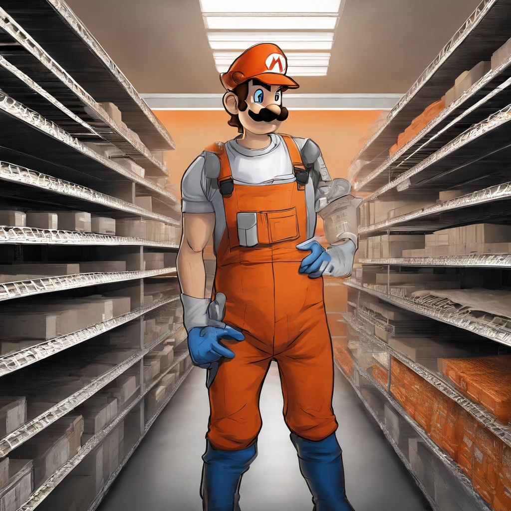 (Mario), Super Mario, (blue eyes, red hat, orange apron , orange suspenders, orange and black gloves, )full body, exaggerated expressions and actions, clean background, bright iridescent highlights, studio lighting, atmospheric lighting, with exquisite texture, high detail, high resolution, 8k, best quality, ultra high definition, (Mario as a Home Depot associate), (Home Depot), (The Home Depot), (Mario as a Home Depot Employee)