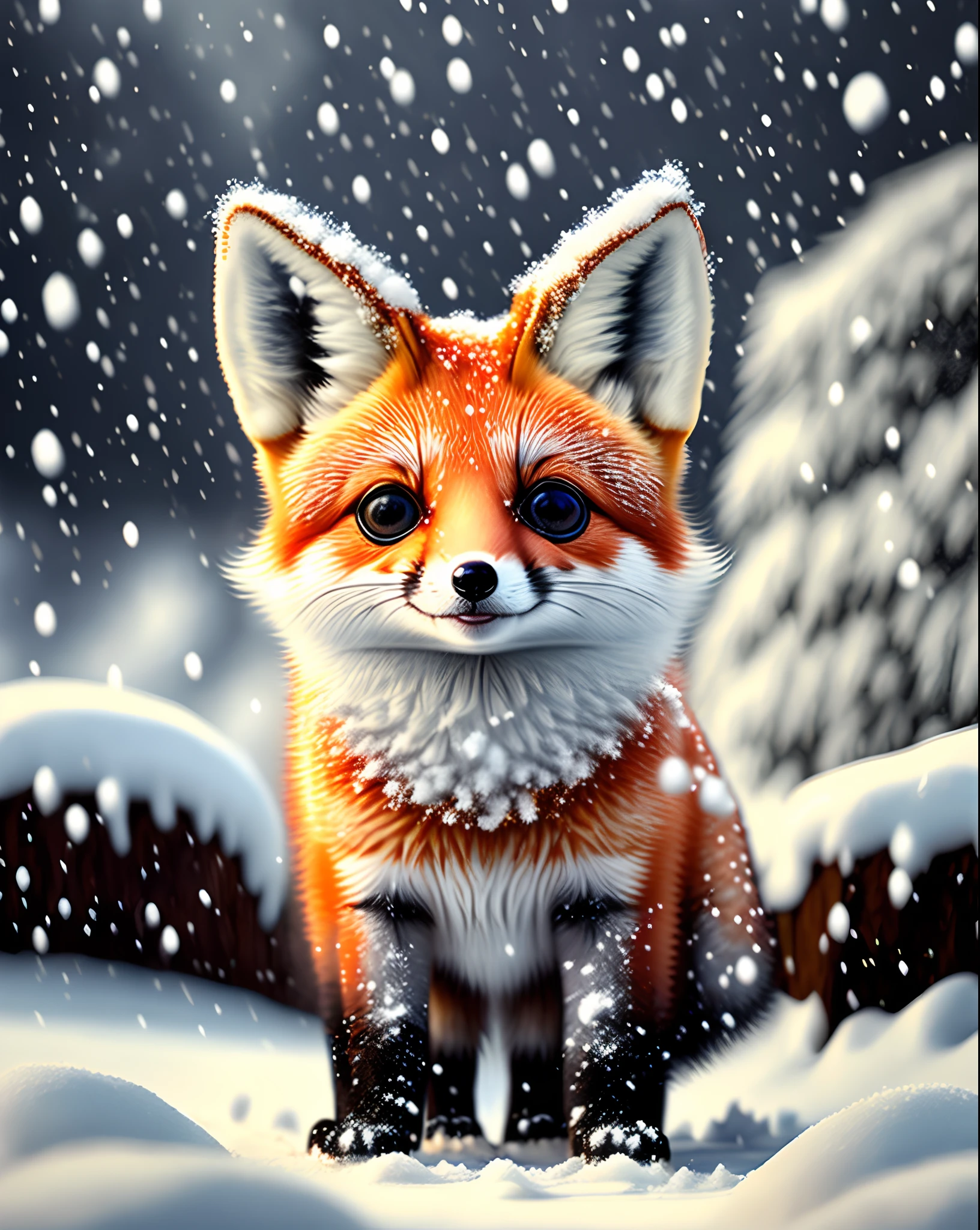 Cute little fox, big innocent eyes, smiling mouth, chubby body, standing on a white snowy hill with falling snow