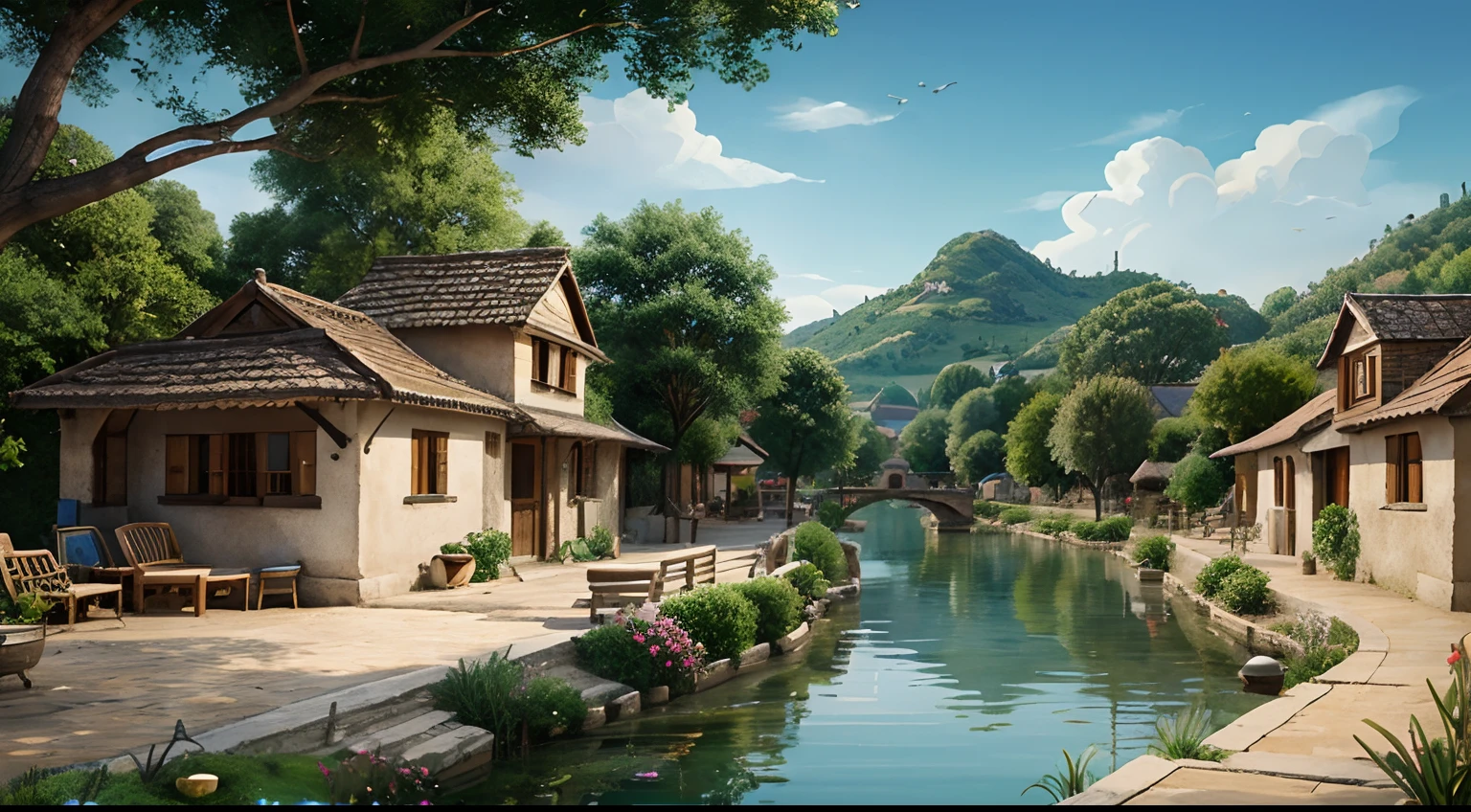 Picture a scenic village with a woman holding two water pots cartoon style coloured drawing illustration