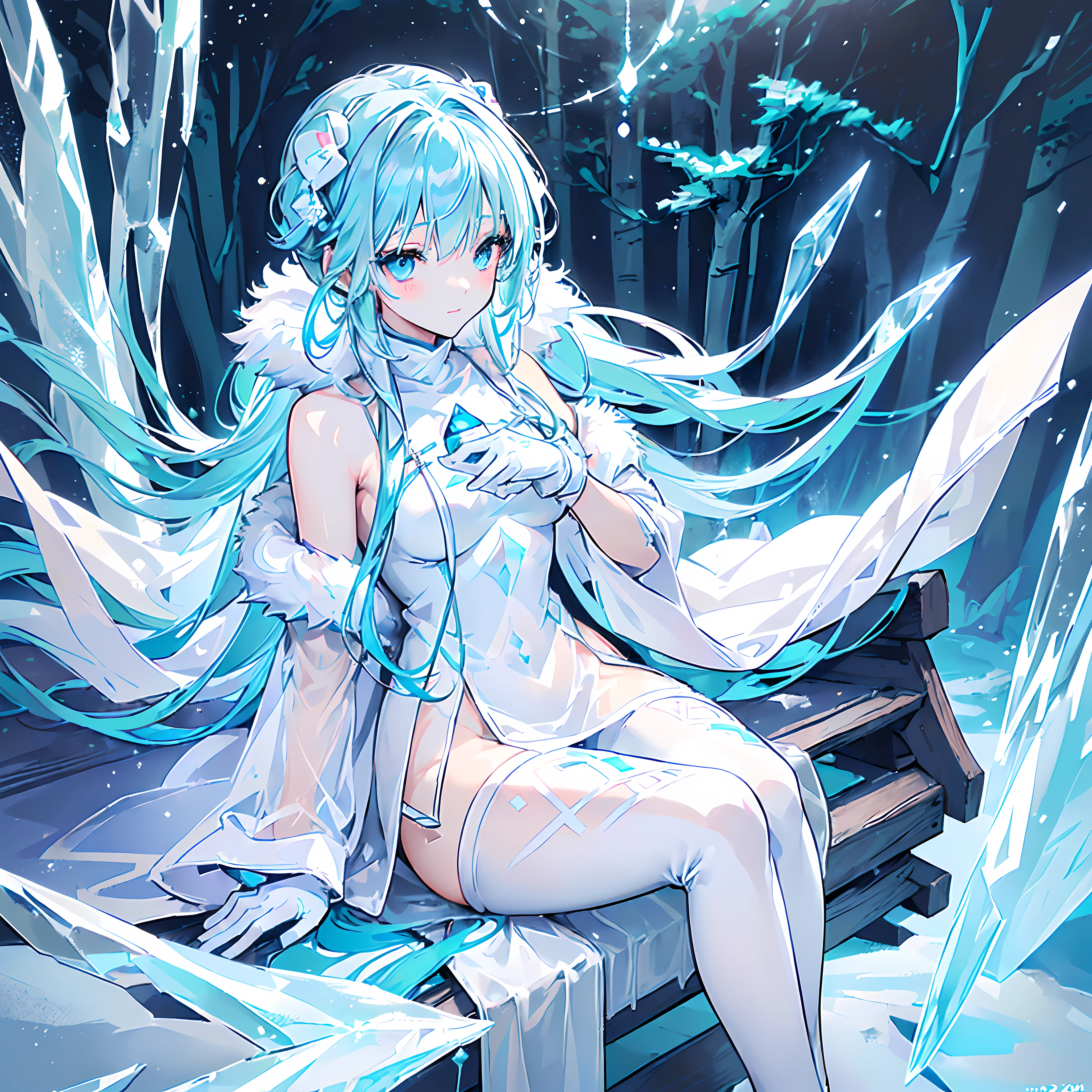 Anime girl, ((((White and Blue winter coat with fur)))), blue hand and thigh accessories, (((long light (glowing) aqua hair))), ((hair accessories)), ((black eyes)), (((blue decorations around the entire body))), (smiling), pale skin, neck, shoulders, medium chest, arms, hands, medium waist, legs, medium thigh, cute, blue stripes on dress, (wearing white gloves), ((((meditating next to a beautiful wooden house in a forest chair)))), serious, cinematic light, high resolution, highest quality, ultra detailed, detailed face, (detailed eyes), best quality, hyper detailed, masterpiece, (detailed face), clean face, detailed eyes, ((((white and aqua long robes covering all of the legs)))), (((wearing see through tight pants))), ((barefoot)), (((((ice around the area and her body including an ice aura))))), ((sleeves covered in see through tight clothes)), (((floating))), ((ice in her hand)), (((no blush or red on face))), (((leg and feet rings and accessories)))