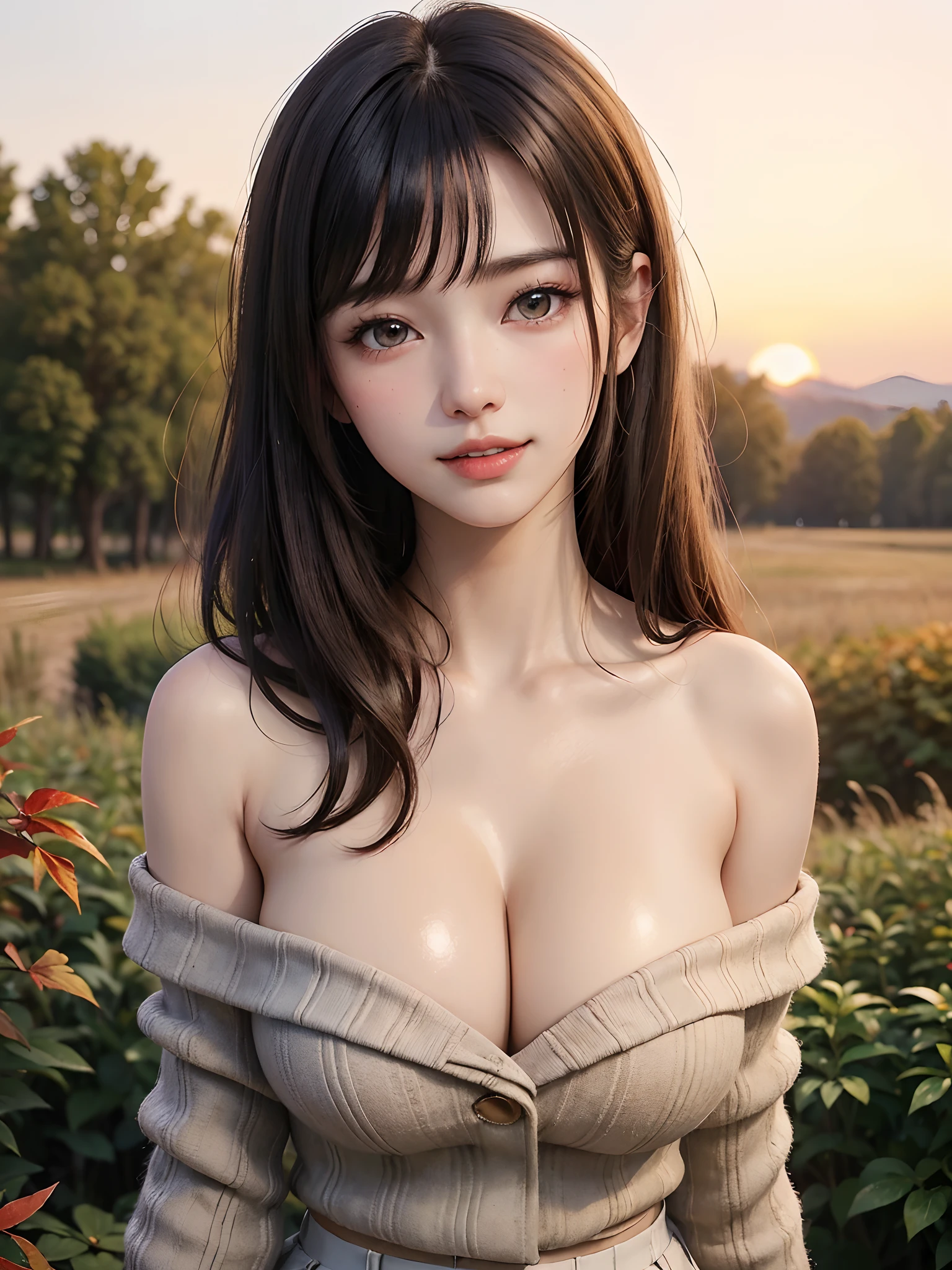 (masutepiece:1.4、top-quality:1.4、Top image quality:1.4、Beautiful adult woman full of charm with cute adult smile:1.4、ideal ratio body proportions:1.4、Beautiful teeth、lipgloss、shiny and glossy hair、Have shiny bangs、short shiny hair with long bangs on the right and left sides,,、Smaller face、the neck is long:1.4、Put your ears out、tall supermodel、Supermodel with broad shoulders、{Gigantic|Big|Huge|Mega} breasts:1.4, Beautiful breasts have cleavage:1.4、Face Focus、Breast Focus、hyper realisitic:1.4、Photorealistic)、(Cute High School Girl、student clothes、blazers、Off-shoulder white shirt、Short plaid pleated skirt、28 year old)、Very cute and attractive woman、(Against the backdrop of nature-rich nature with autumn leaves、Red sky at sunset)