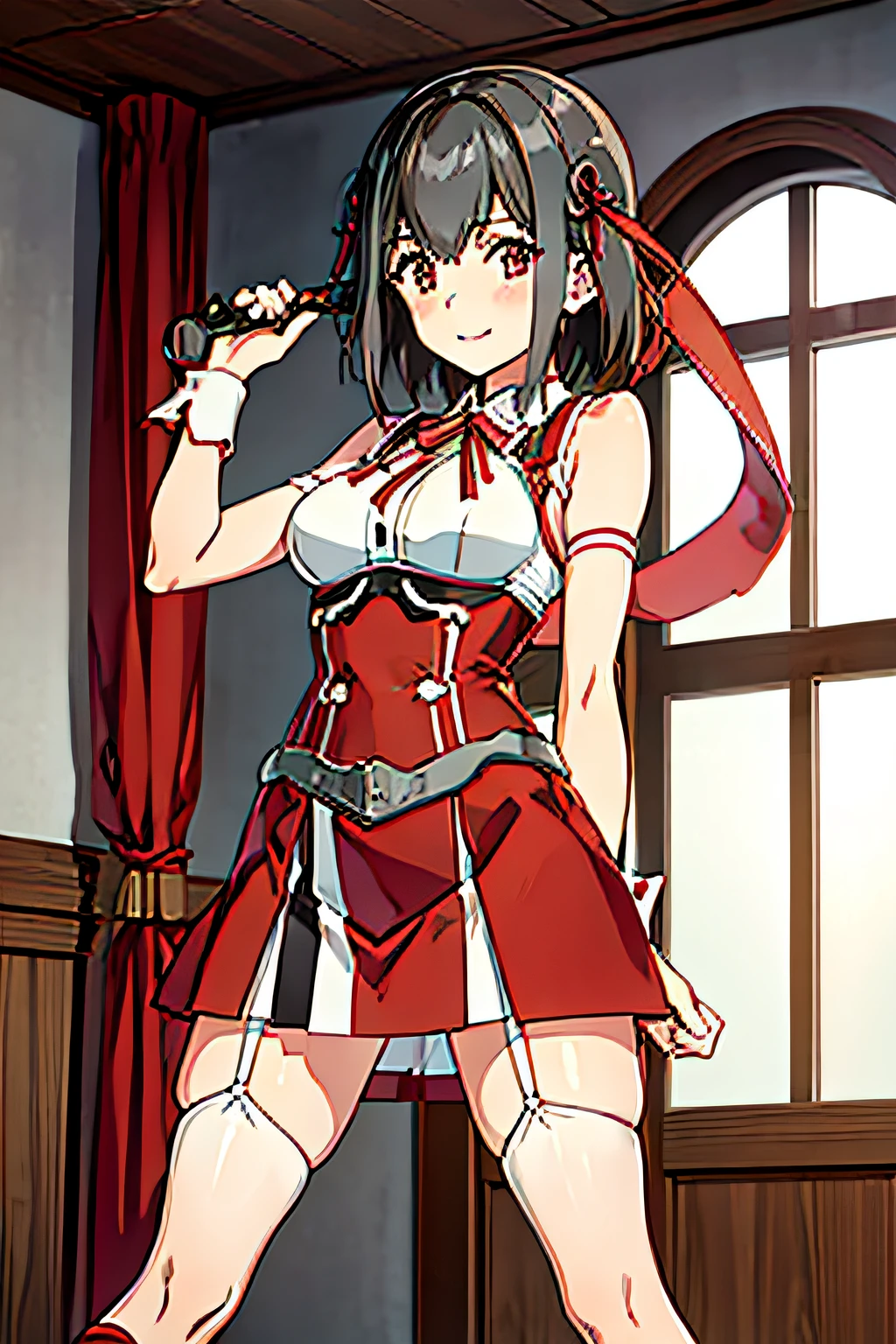 Chisato, 1girl, bangs, indoor, short hair, smile, solo, standing, sexy pose, mediun breast, red uniform, garter straps, stocking, hands behind, red side ribbon, lyrcoris recoil uniform,