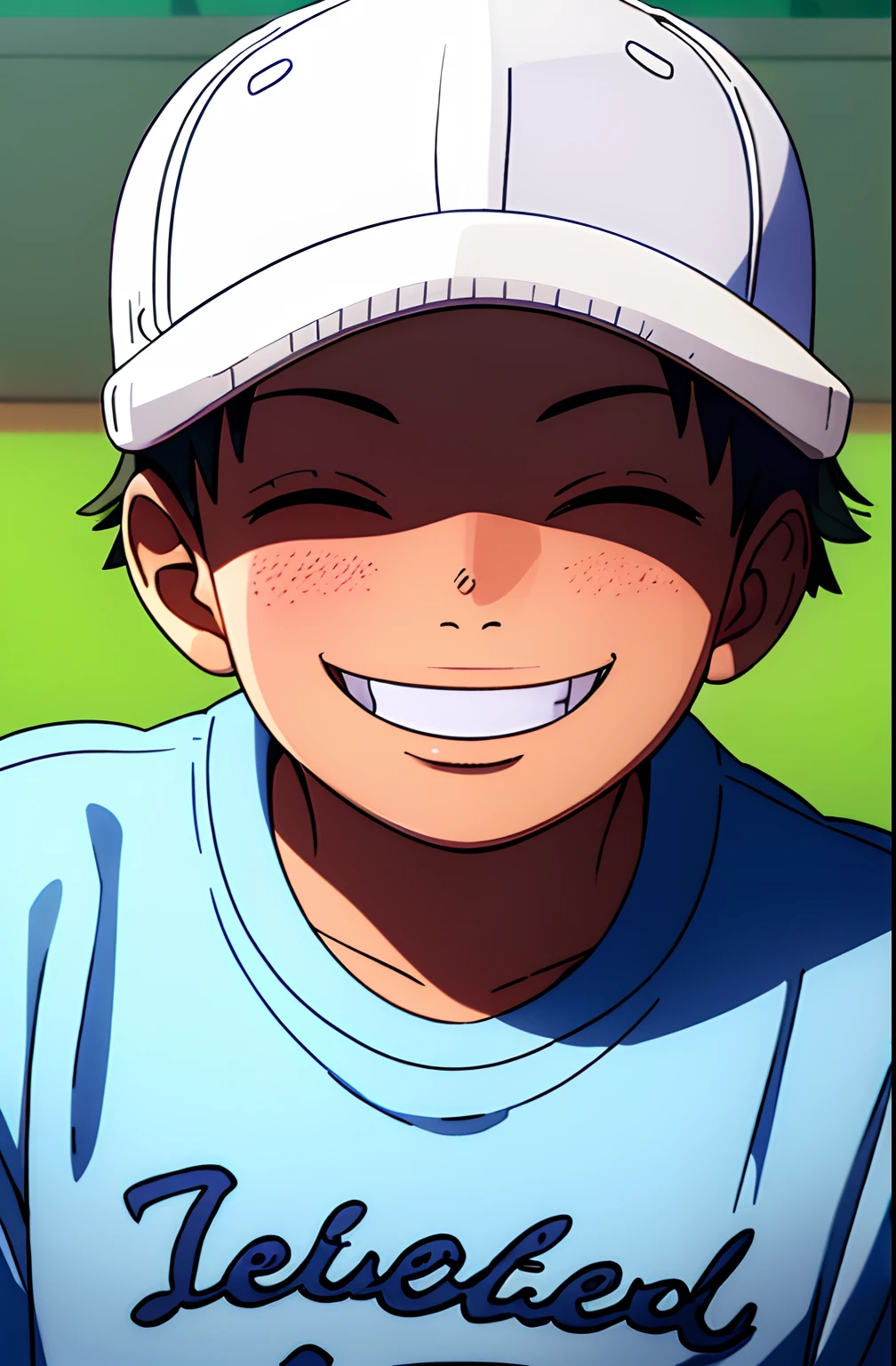 eenage boy, wanostyle, smiling, happy, eyes closed, baseball cap, looking at viewer, solo, upper body, ((masterpiece)), (best quality), (extremely detailed), depth of field, sharp focus, soft lighting, hdr, colorful, good composition, tshirt
