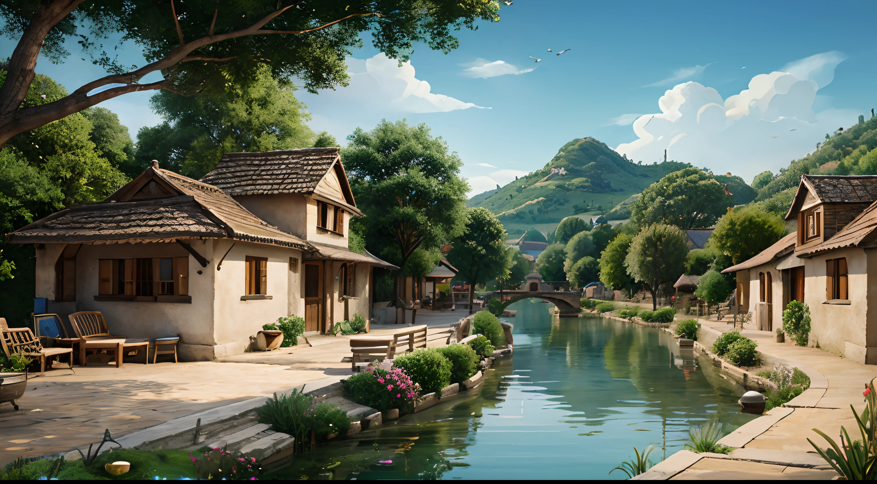 Picture a scenic village with a woman holding two water pots cartoon style coloured drawing illustration