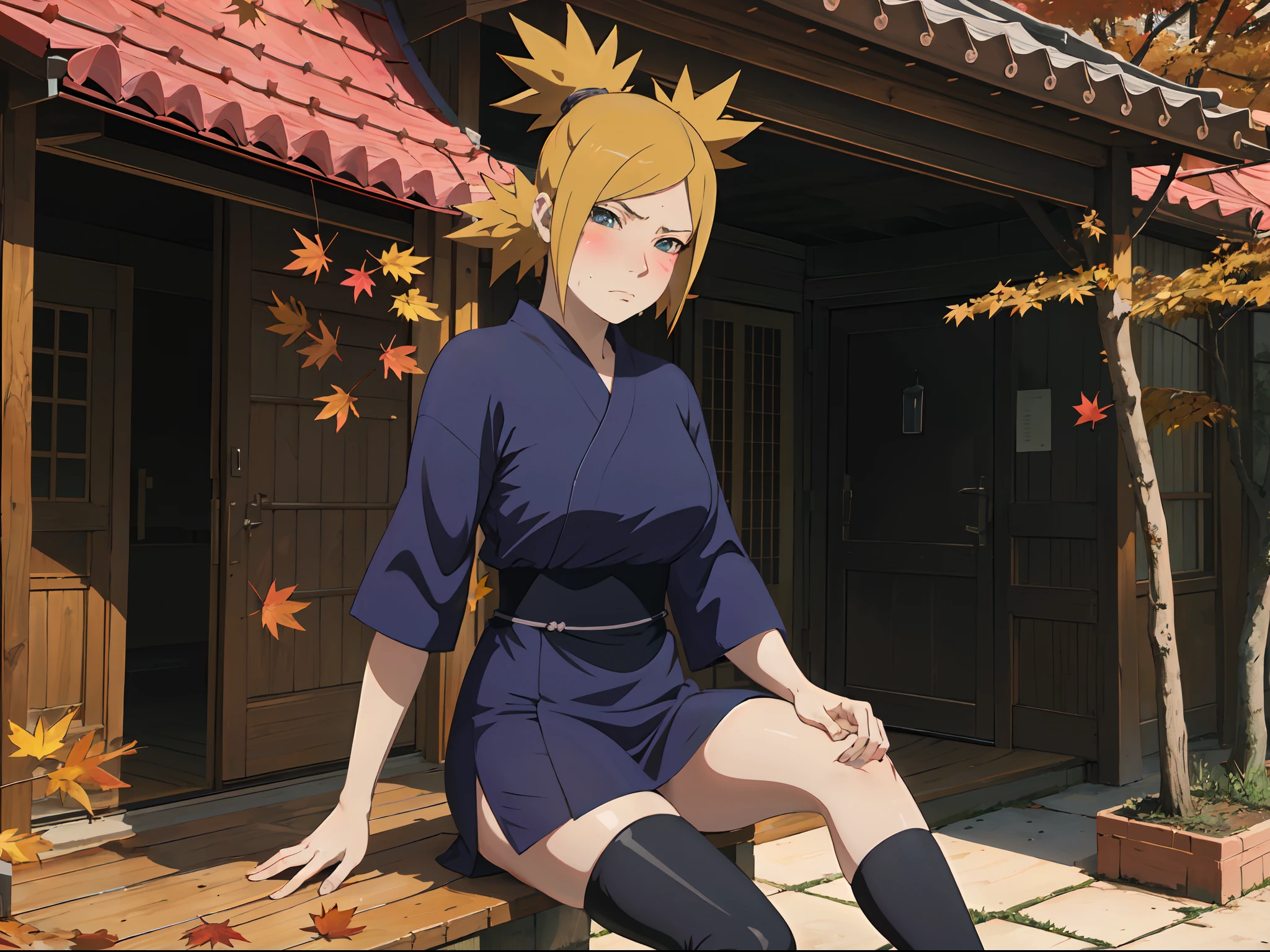 Masterpiece, absurderes , (Intricate details), (Colorful),Cinematic lighting,Bust Up Shot,Extremely detailed Cg Unity 8K wallpaper,Temari\(Boruto\), 1girll, Mature female,Wear student attire，Wear long black stockings， Sitting, Outdoors, (Falling leaves:1.3), Autumn leaves, (Autumn), Sunlight, Maple tree, parted lip,Wind, view the viewer, Temari\(Boruto\)，（perspire，Sweat a lot，Blushlush，Be red in the face，I had a lot of sweat on my face，Blushlush），（stooped，Buttress，Enchanting pose，A sexy pose）