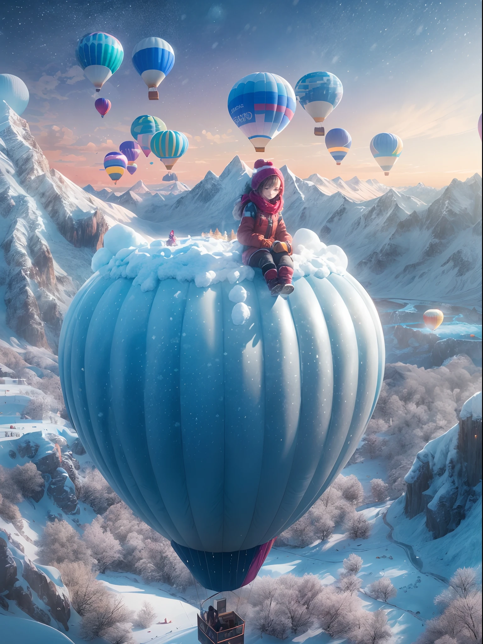 A girl enjoy their winter vacation trip at snow mountain glacier in the hot air balloon, flying in the air through hot air balloon, super detailed concept art, 24K UHD night view, Full HD resolution, snow flakes, rendered by octane, unreal engine 5 effects, extremely detailed, masterpiece collection, best quality