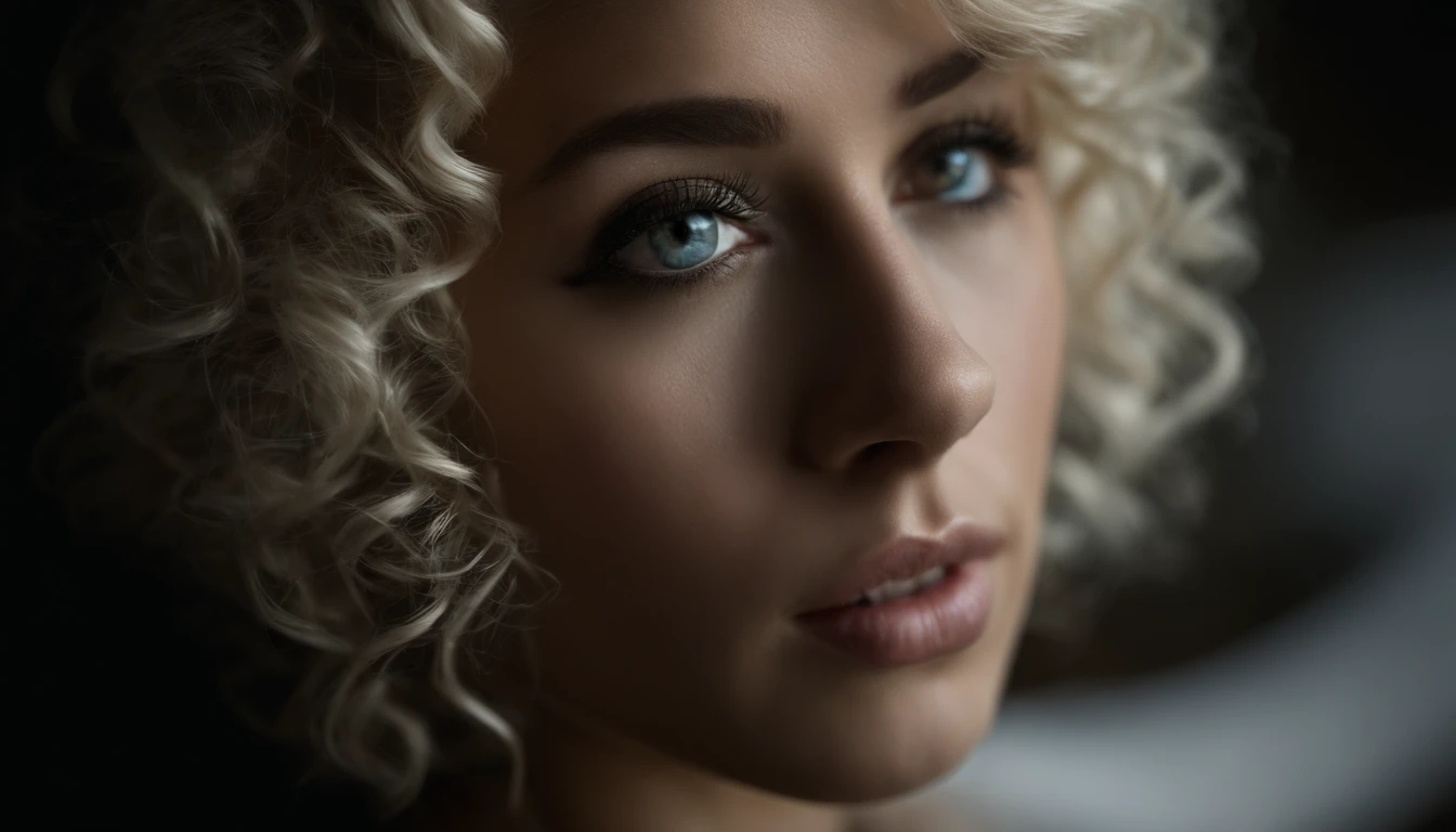 Photo portrait of a pensive girl with sparkling eyes,((white short curly hair), upper body, detailed skin, (half her face concealed in shadow:1.4), tight close up on face, dark background, side lighting revealing her gaze, eye level, in the style of Nathan Wirth