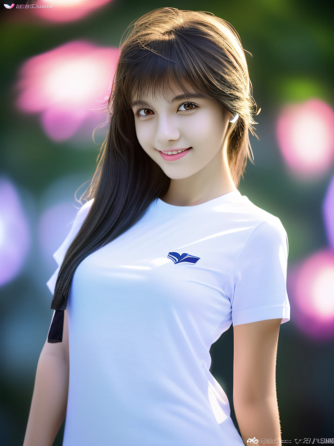 1 girl,(full body:1.3),high school student,(plain white t-shirt:1.3),light smile,medium breasts,pointy breast,
master piece,8k,(master piece,ultra high resolution:1.5),(master piece,photorealistic:1.5),(master piece,best quality,ultra detailed:1.5) master piece,detailed eyes,master piece,detailed face,