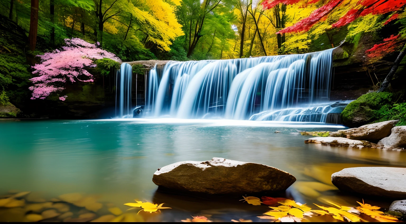A beautiful waterfall cascading into a crystal-clear pool, falling leaves and flowers tails, wallpapper, printable