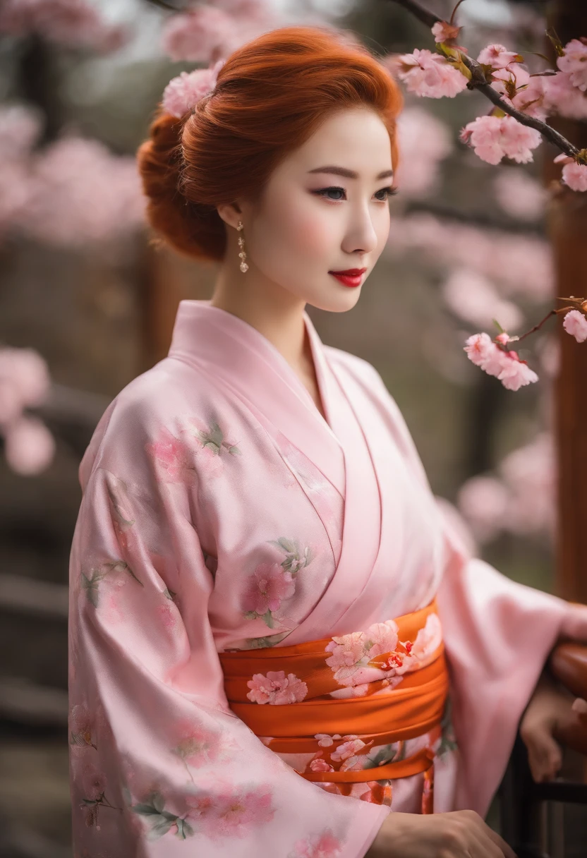 ((4K height definition)), (( The upper part of the body)) press photography, ((Heartbeat Literature and Art Department))((Wearing a Japanese-style pink cherry blossom kimono)), ((Lockheed Vega 5B at the North Pole)), ((Enchanting)), ((Orange hair color long single ponytail)), ((looking at a camera and smiling)), Detailed, Detailed pretty face, Sharp focus, (Detailed and intricate), 4K, Leica 35mm F2.8, Fuji Superia Reala 100