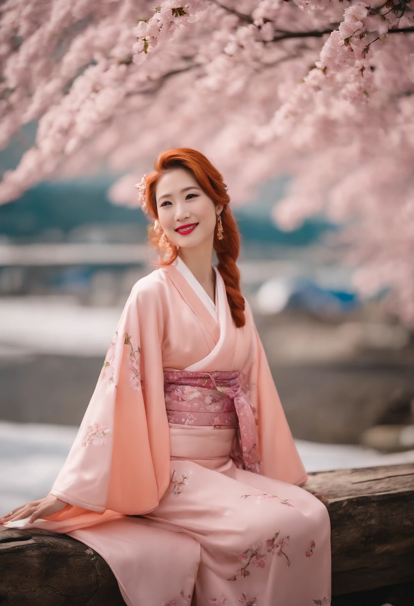 ((4K height definition)), (( The upper part of the body)) press photography, ((Heartbeat Literature and Art Department))((Wearing a Japanese-style pink cherry blossom kimono)), ((Lockheed Vega 5B at the North Pole)), ((Enchanting)), ((Orange hair color long single ponytail)), ((looking at a camera and smiling)), Detailed, Detailed pretty face, Sharp focus, (Detailed and intricate), 4K, Leica 35mm F2.8, Fuji Superia Reala 100