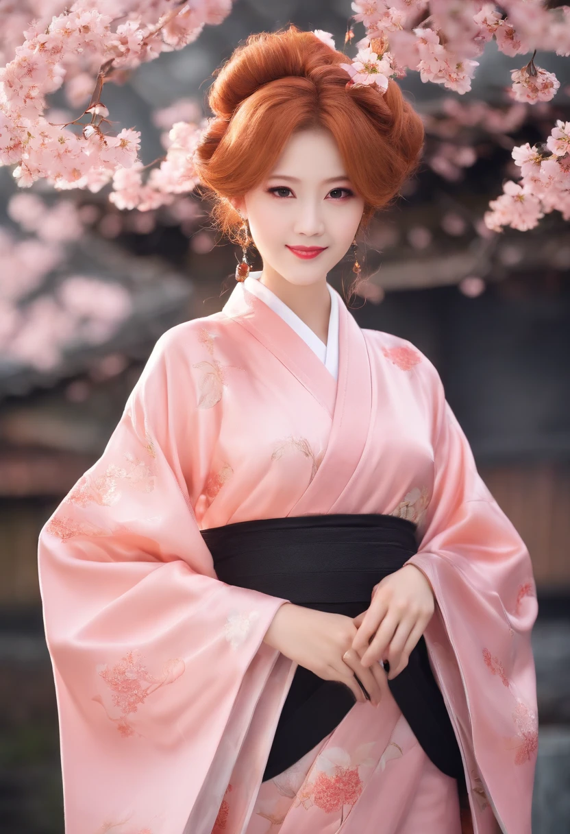 ((4K height definition)), (( The upper part of the body)) press photography, ((Heartbeat Literature and Art Department))((Wearing a Japanese-style pink cherry blossom kimono)), ((Lockheed Vega 5B at the North Pole)), ((Enchanting)), ((Orange hair color long single ponytail)), ((looking at a camera and smiling)), Detailed, Detailed pretty face, Sharp focus, (Detailed and intricate), 4K, Leica 35mm F2.8, Fuji Superia Reala 100