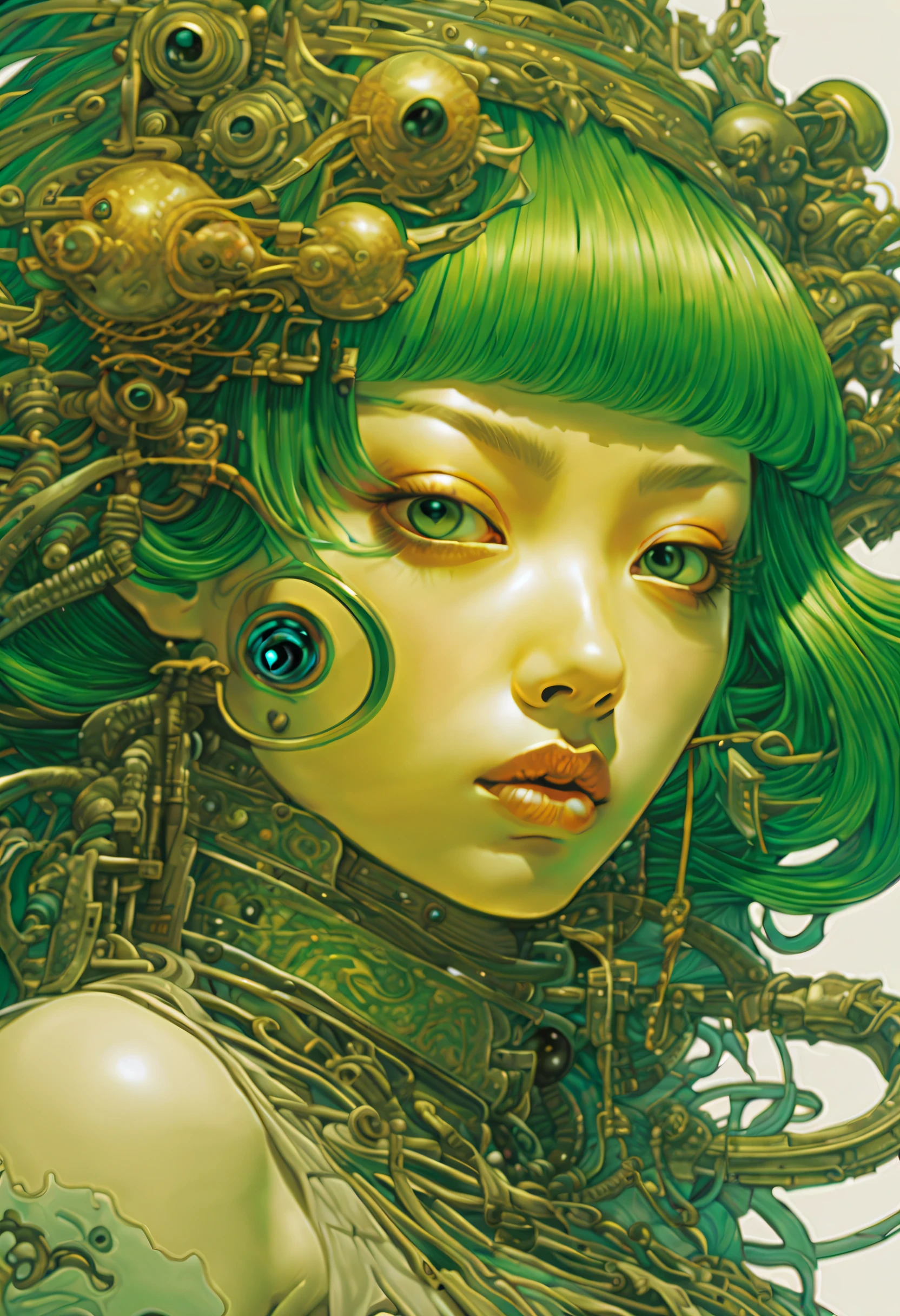 (The artwork:Katsuya Terada),
8K, hard disk, A masterpiece of intricate and meticulous precision, 1girl, Glowing green eyes, Green iris and black eyeball, medium shot, Green hair, organic shape, hard edge, Anatomically correct body, Sexy Sexy Pose, Hyper realistic,elegent,Cinematic lighting, Highly detailed, intense colors, Octanene Rendering, Surreal mood, winning artwork, Sparkling rich colors, iridescent accents, Dramatic shadows,Dynamic and atmospheric lighting, Anamorphic Lenses, Sharp Focus, 
A complex and high-definition masterpiece by Katsuya Terada, in style of katsuya terada