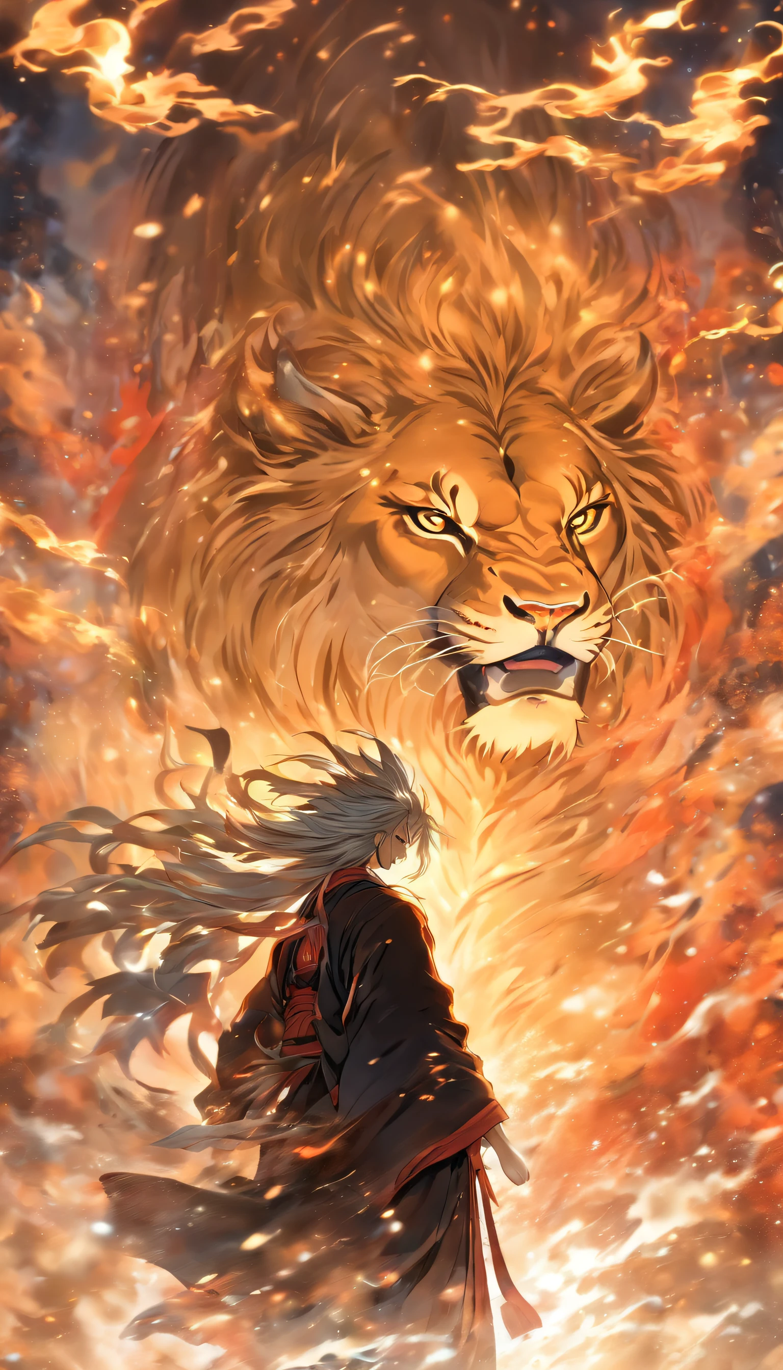 China style,中景 the scene is,The Taoist priest stood in front of a huge transparent lion,reaching out her hands,Long messy hair,Glow effect,Hyper-realistic,Ultra photo realsisim,Chinese black and white ink style,Silver,Decolorization,Smudge,Inky,8K,super-fine,high qulity,OC renderer