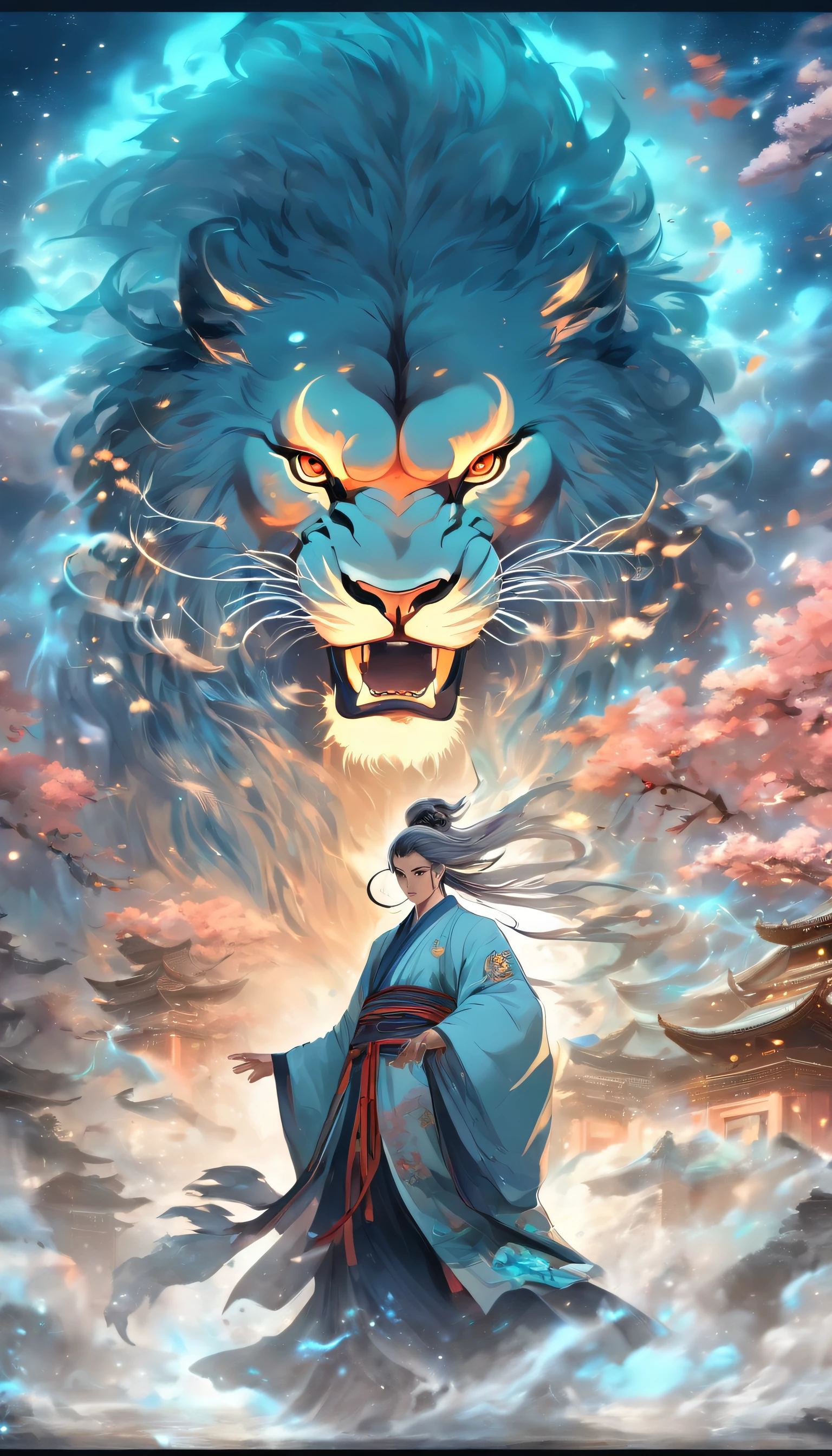 China style，中景 the scene is，The Taoist priest stood in front of a huge transparent lion，reaching out her hands，Long messy hair，Glow effect，Hyper-realistic，Ultra photo realsisim，Chinese black and white ink style，Silver，Decolorization，Smudge，Inky，8K，super-fine，high qulity，OC renderer