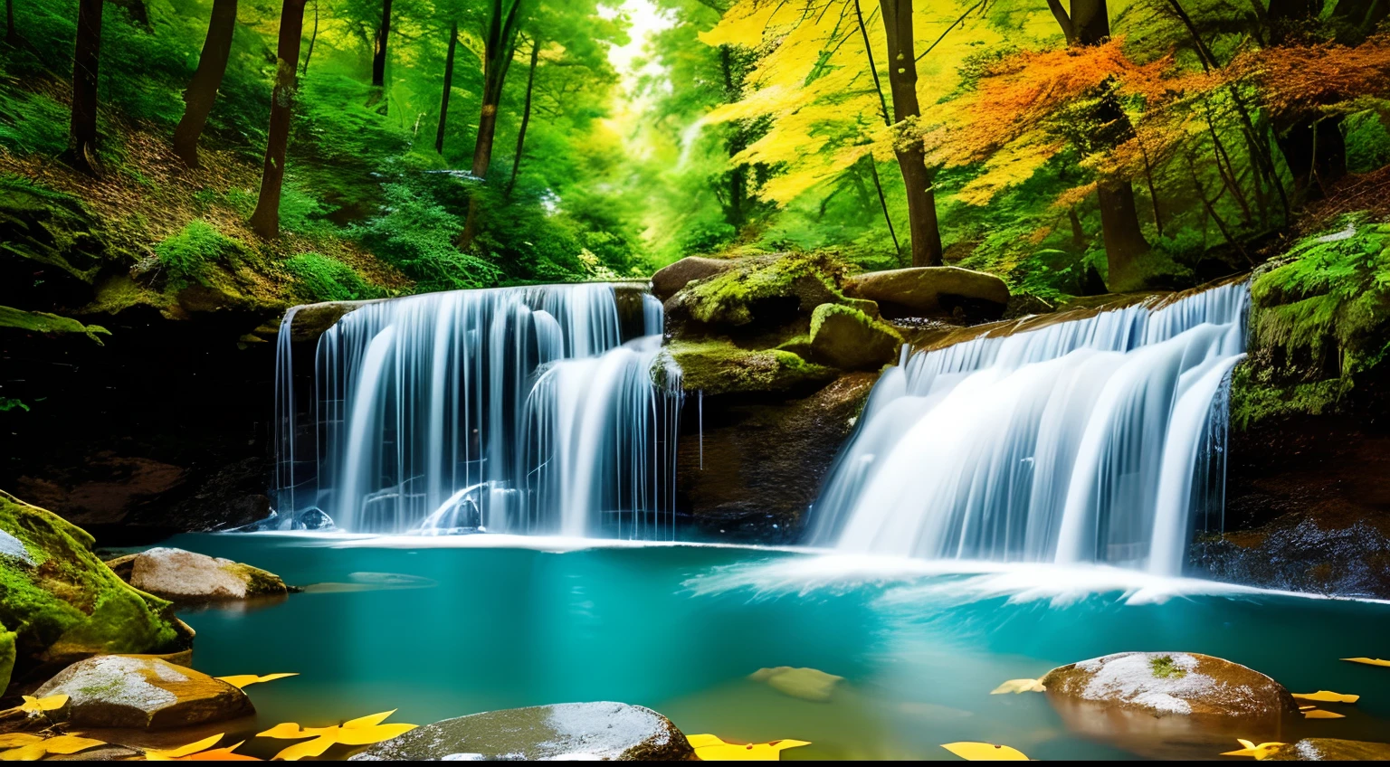 A beautiful waterfall cascading into a crystal-clear pool, falling leaves and flowers tails, wallpapper, printable