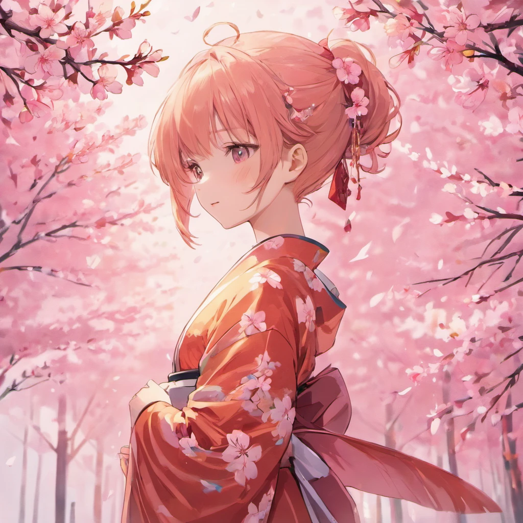 ((4K height definition)), (( The upper part of the body)) press photography, ((Heartbeat Literature and Art Department))((Wearing a Japanese-style pink cherry blossom kimono)), ((Lockheed Vega 5B at the North Pole)), ((Enchanting)), ((Orange hair color long single ponytail)), ((looking at a camera and smiling)), Detailed, Detailed pretty face, Sharp focus, (Detailed and intricate), 4K, Leica 35mm F2.8,