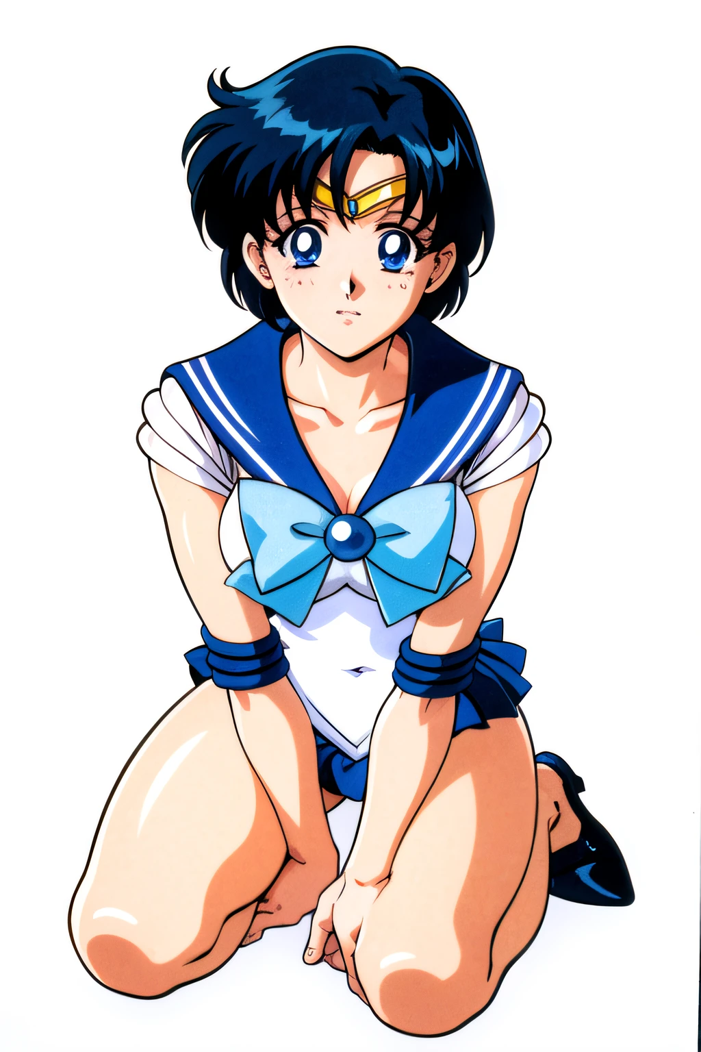 masterpiece, top-quality, hight resolution,extremely clear,masutepiece,Best Quality,90s Anime,9 0 s anime,9 0 s anime style,Fine details,anime cels,cel shaded anime,Full limbs,complete fingers,Anatomically correct,Textured skin,Super Detail,high details,awardwinning,,8K,(Sailor Mercury:1.25), (Portrait), Ayaka, diffuse glow, dynamic shadow, Sharp Focus, Realistic, Detailed, hight resolution, absurderes, White background, (Squeeze), Looking to the side, T-shirt, No bra, Photorealistic, Lifelike, Wet, Lips apart, Kneeling