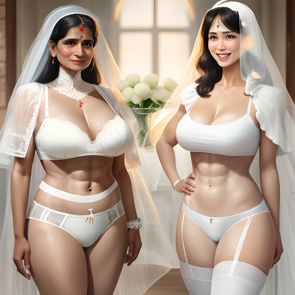 Middle-aged Indian woman,Wheat-colored face,Intellectual women,Delicate face,Shiny skin,Cheerful and happy expression,Healthy complexion,Tall, Oversized big breasts,Chest firm,Bigchest,Well-developed abdominal muscles,slenderlegs,White veil,White lace underwear,White flowers and white panties,white stockings,White heels。