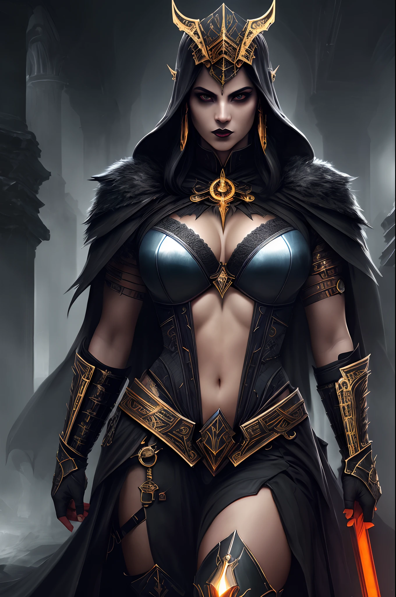 gothic art, full length, Athena the goddess of reason wisdom and war, fitness endomorph, hyper detailed face, perfect eyes nose and lips, cleavage, dark elf, occultist, by Koos Roos, moody colors, red, blue, green, orange, digital illustration, color accents, concept art, 8k resolution, complex, complex and detailed light rendering effects, photo realistic gloomy, clarity, sharpness, dramatic contrast, dark, dynamic lighting, hyper detail, volumetric lighting, elegant, pure, deep color art, ominous, matte painting movie poster, golden ratio, uhd