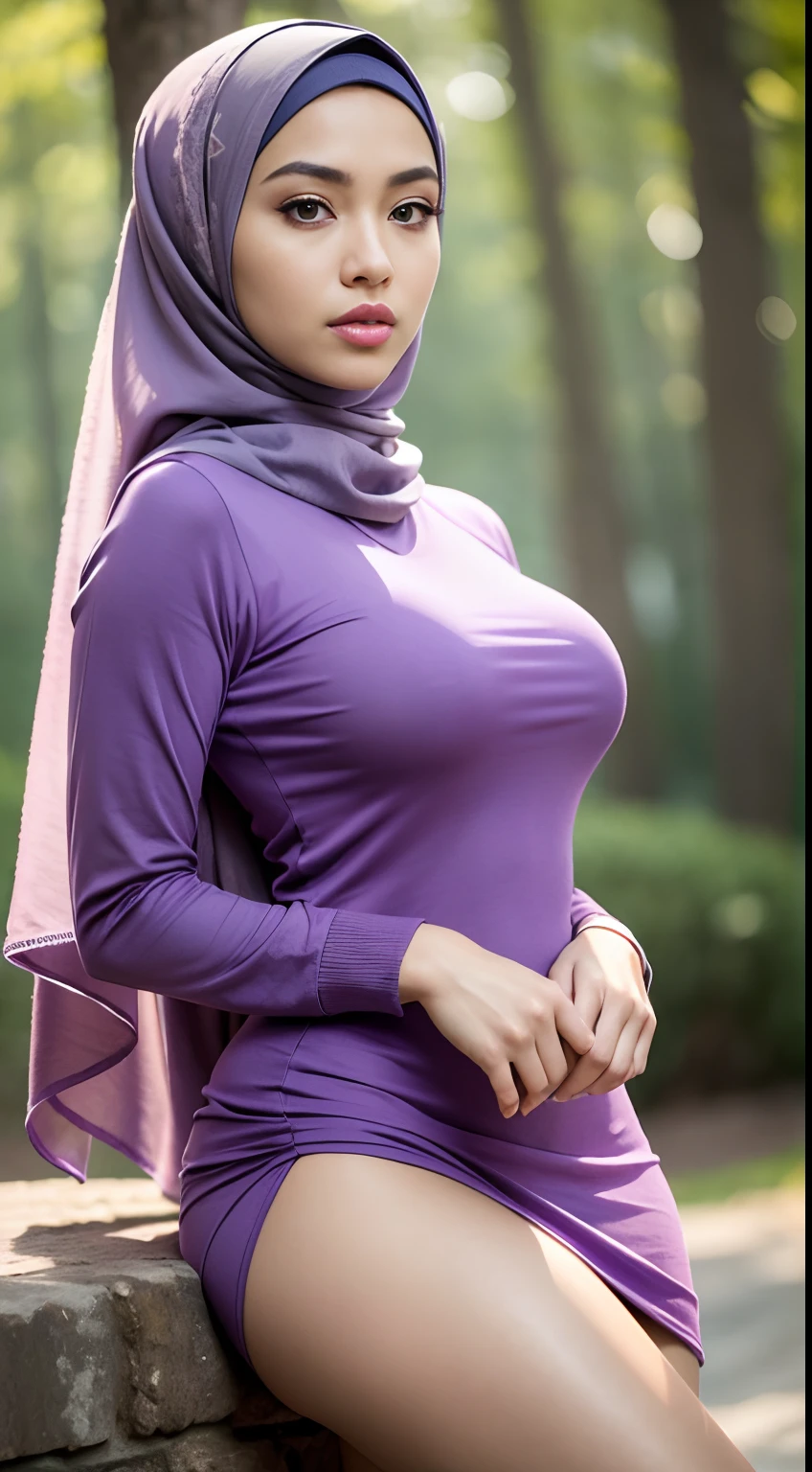 RAW, Best quality, high resolution, Masterpiece: 1.3), Beautiful Malay woman in hijab, Masterpiece, Perfect slim body, (Big breasts), Beautiful big eyes, Soft smile, Masterpiece:1.2, Best quality), Realistic, (Real picture, Intricate details, Depth of field,Purple crewneck dress, Tight dress, Close-up of people, Hi-Def, photorealistic perfect body, very very very realistic,(Panoramic camera), parted lip, highly detailed, Perfect face, Perfect body, Large models, Tall, Long legs, Natural background bokeh