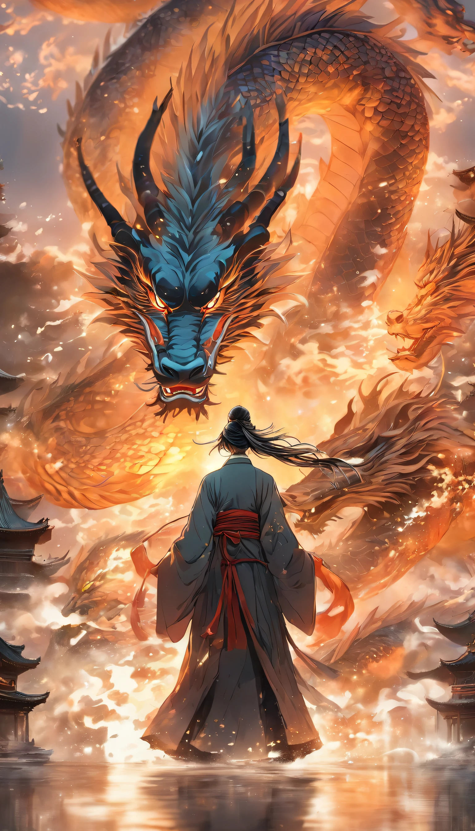 China style,中景 the scene is,The Taoist priest stood in front of a huge transparent dragon,reaching out her hands,Long messy hair,Glow effect,Hyper-realistic,Ultra photo realsisim,Chinese black and white ink style,Silver,Decolorization,Smudge,Inky,8K,super-fine,high qulity,OC renderer