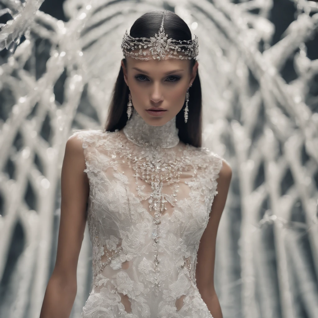 Haute Couture Fashion Week model walks on the runway, with long flowing hair, metal crystal shape on the head, high-definition and exquisite facial features, white lace elements, clear clothing deconstruction, the highest aesthetic art, white light background, bright lights, the photo is very clear, 4K