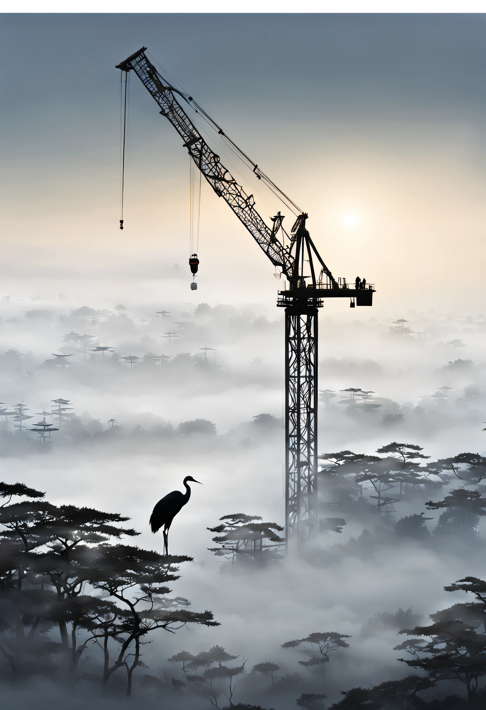 (japanese-inspired),(1 crane:1.8),(Morning fog is pouring in)、Ultra-long viewing angle,no man,scenecy,best qualtiy,masutepiece