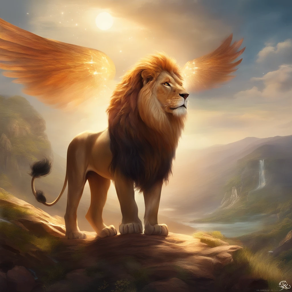 A Chimera a mythical creature,a Lion and he is large and vast, he has wings like and eagle, he has gills across his sides where his ribs are at so he can breath under water, his paws are webbed to help him swim, he has slick skin like dolphin, and his eyes are like dolphins, his wings are gorgeous and large Hyper Detail, Hyper Contrast, Hyper Definition, Dark Background, Octane Render, Brilliant Colors