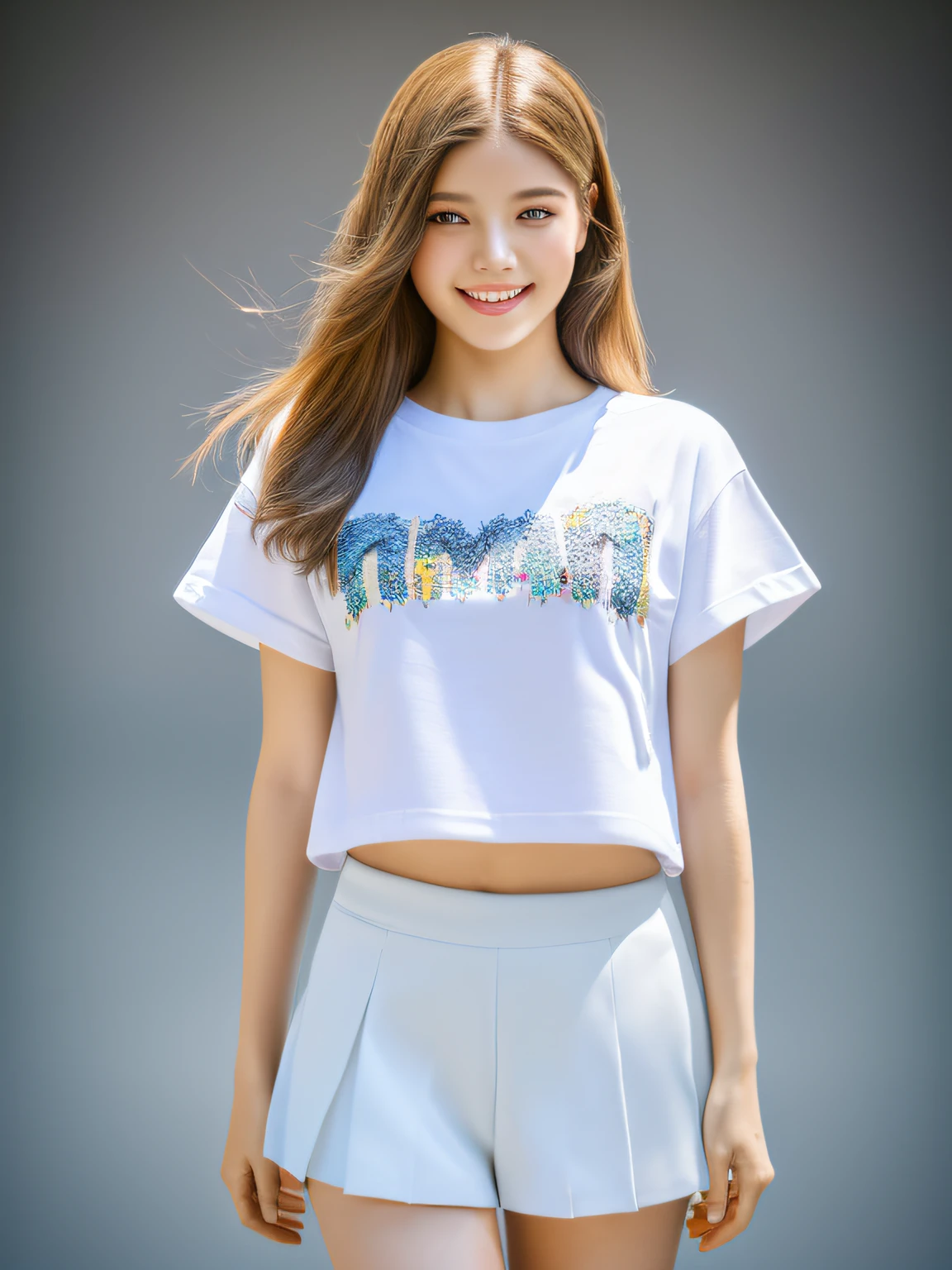 (full body),1 girl,high school student,(plain white t-shirt),light smile,
master piece,8k,(master piece,ultra high resolution:1.5),(master piece,photorealistic:1.5),(master piece,best quality,ultra detailed:1.5) master piece,detailed eyes,master piece,detailed face,