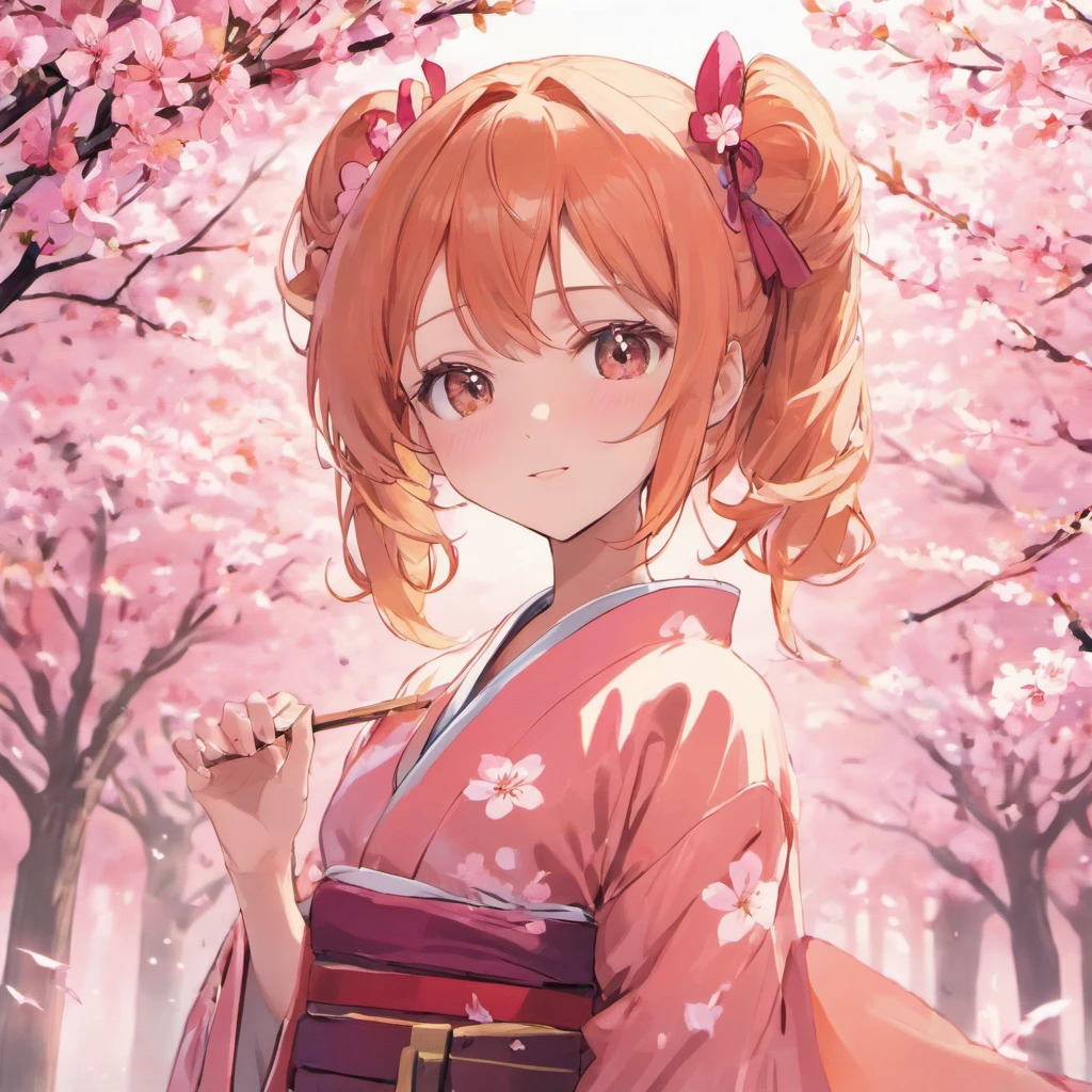 ((4K height definition)), Japanese anime(( The upper part of the body))  ((Heartbeat Literature and Art Department Monica))((Wearing a Japanese-style pink cherry blossom kimono)), ((Enchanting)), ((Orange hair color long single ponytail)), ((looking at a camera and smiling)), Detailed, Detailed nice cute face, Sharp focus, (Detailed and intricate), 4K, Leica 35mm F2.8,Anime avatar