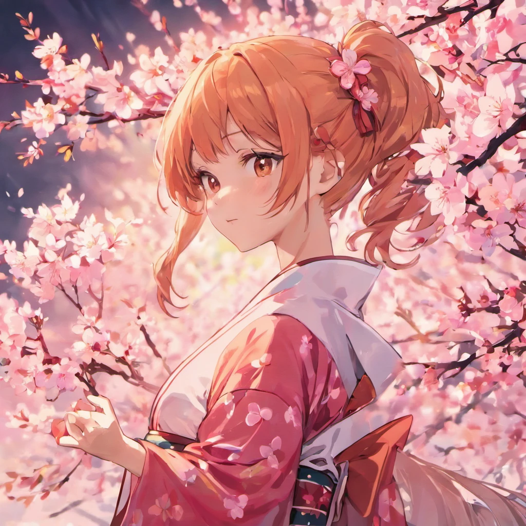 ((4K height definition)), Japanese anime(( The upper part of the body)) ((Heartbeat Literature and Art Department Monica))((Wearing a Japanese-style pink cherry blossom kimono)), ((Enchanting)), ((Orange hair color long single ponytail)), ((looking at a camera and smiling)), Detailed, Detailed nice cute face, Sharp focus, (Detailed and intricate), 4K, Leica 35mm F2.8,Anime avatar