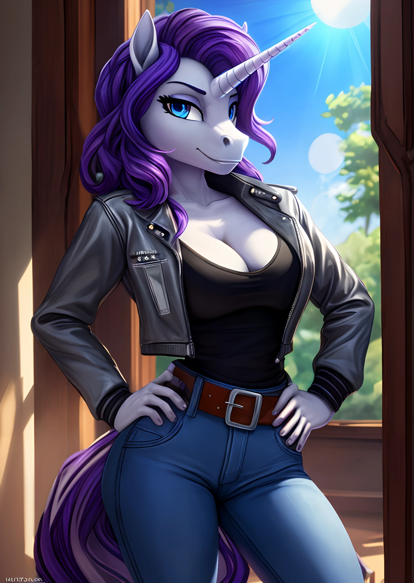 [rarity], [Uploaded to e621.net; (siden), (Pixelsketcher), (mayosplash), (wamudraws)], ((masterpiece)), ((HD)), ((high quality)), ((solo portrait)), ((cowboy shot)), ((furry; anthro)), ((detailed fur)), ((detailed shading)), ((beautiful render art)),  ((intricate details)), {anthro horse; (slim figure), (white fur), cute indigo eyes, (half-closed eyes), horse snout, (long curly purple hair), (light-purple highlights), (long curly purple horse tail), (unicorn horn), (gorgeous hips), smug smirk}, {(black tee shirt under silver jacket), (cleavage), (silver leather jacket), (tight blue jeans), (black belt), (silver buckle)}, {(attractive stance), (hands on hips), (looking at viewer)}, [background; (salon), (mirror), (window), (blue sky), (sun rays)]