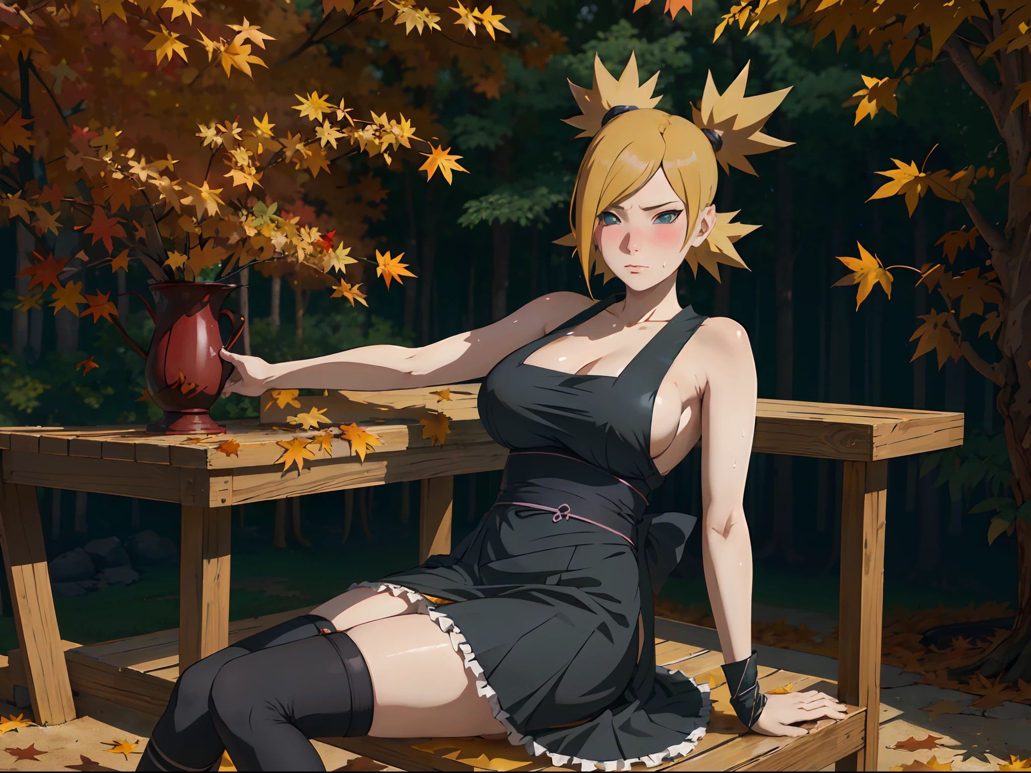 Masterpiece, absurderes , (Intricate details), (Colorful),Cinematic lighting,Bust Up Shot,Extremely detailed Cg Unity 8K wallpaper,Temari\(Boruto\), 1girll, Mature female,Wearing a black maid outfit,Wear long black stockings, Sitting, Outdoors, (Falling leaves:1.3), Autumn leaves, (Autumn), Sunlight, Maple tree, parted lip,Wind, view the viewer, Temari\(Boruto\),(perspire,Sweat a lot,Blushlush,Be red in the face,I had a lot of sweat on my face,Blushlush),(stooped,Buttress,Bigboobs,Bigboobs,Enchanting pose,A sexy pose)