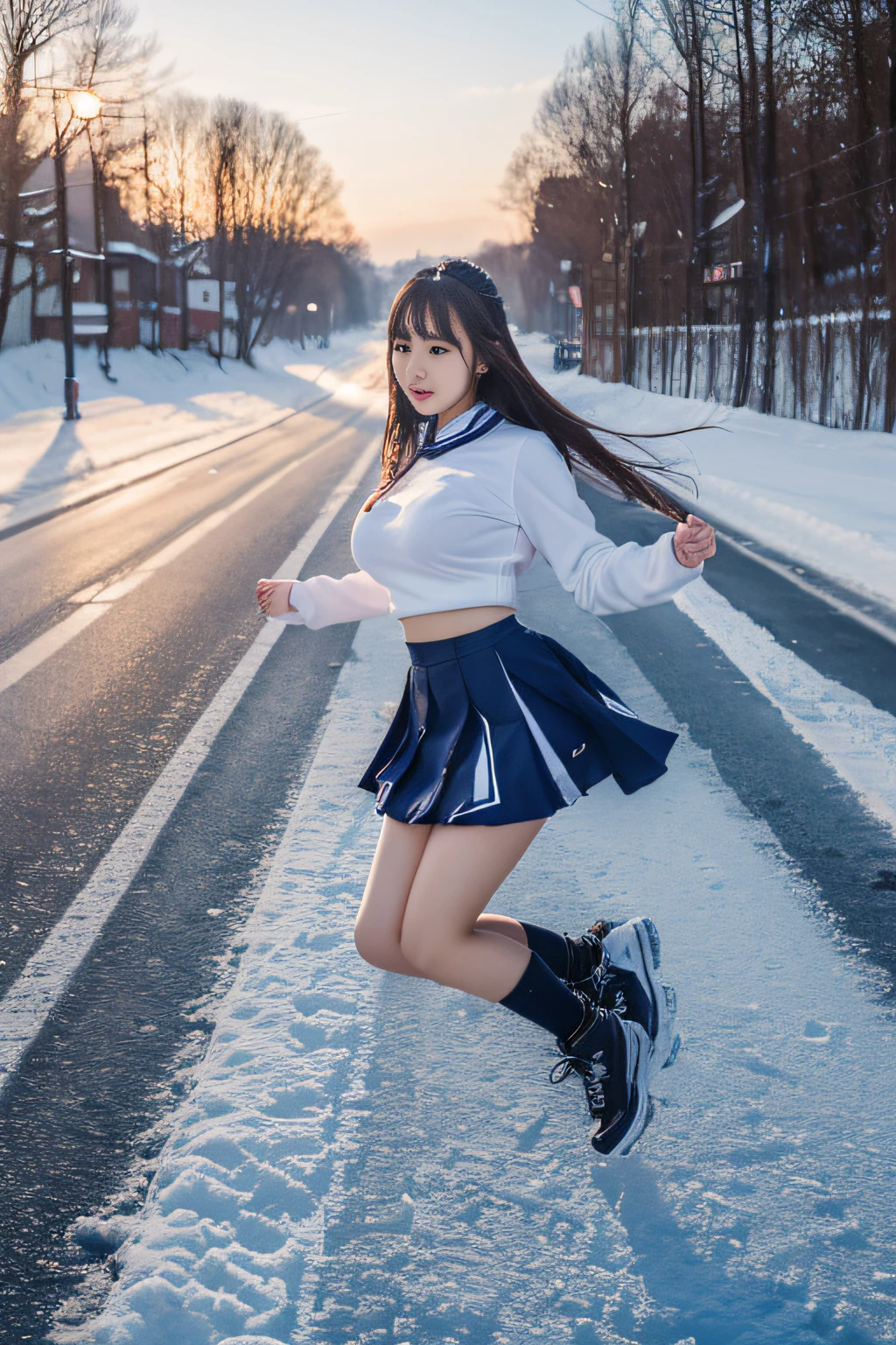 (Best Quality,8K,High resolution:1.2),(Beautiful Realistic Asians:1.4)、(cute Japanese girls:1.4),(Huge breasts:1.20),(Glamorous)、Falling and injuring yourself on an icy road、Aching、High school students、17 age、High School Winter Uniforms、Winters、Snow runs、morning、Professional、