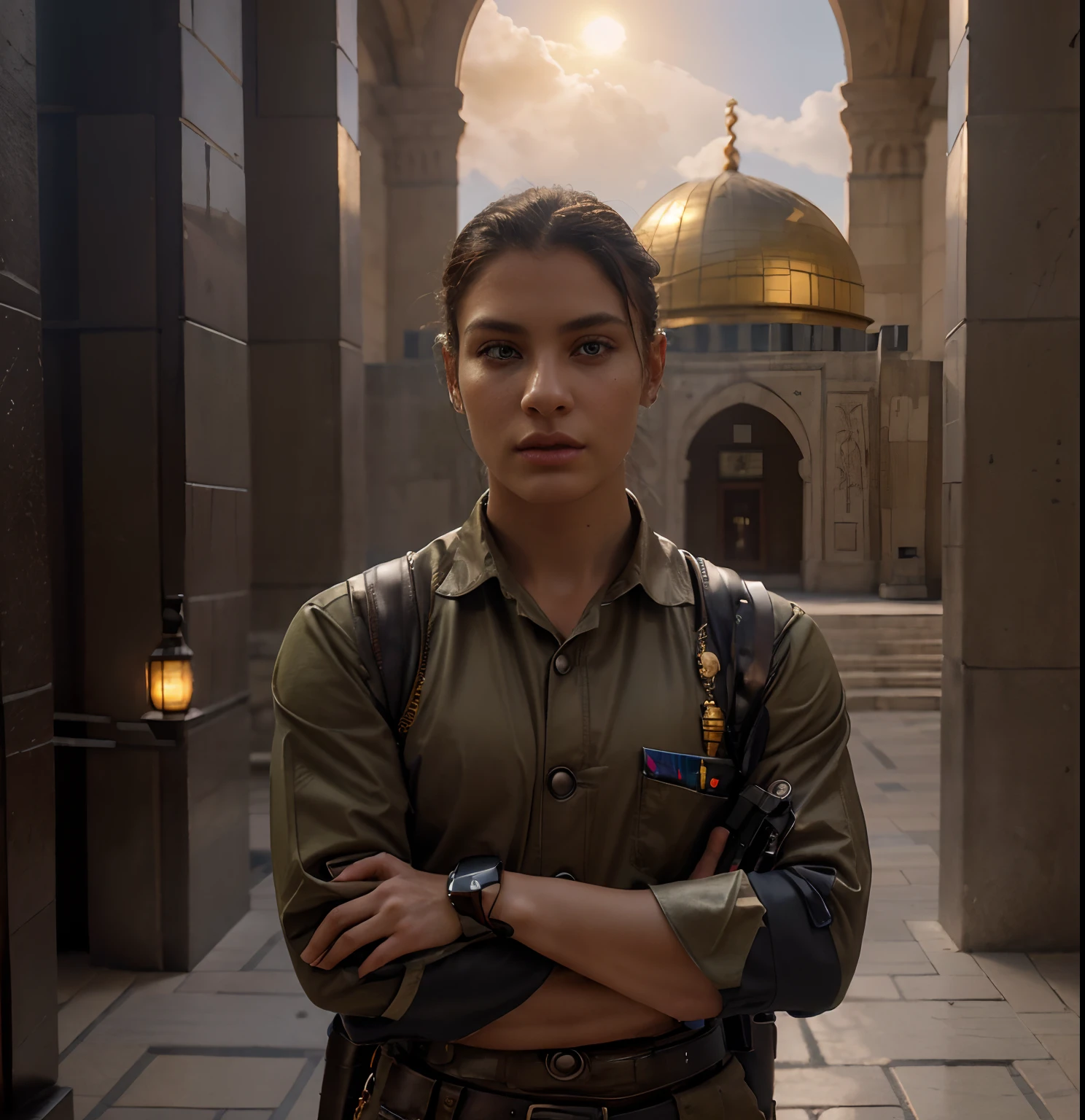 Dome of the rock,ancient architecture,sacred site,Islamic art,golden dome,holy shrine,colorful mosaics, intricate geometric patterns,ornate calligraphy,brilliant sunlight reflecting,beautifully carved pillars,marbled floors,tourists admiring the view,serene atmosphere,religious significance,ancient history,architectural masterpiece,(best quality,4k,8k,highres,masterpiece:1.2),ultra-detailed,(realistic,photorealistic,photo-realistic:1.37),HDR,UHD,studio lighting,extreme detail description,professional,vivid colors,bokeh,night scene,moonlit silence.Unreal Engine 5 8K UHD of young man military (Soldier with dark uniform and rifle, ammo belt, military bulletproof vest, cargo pants, glove, radio, grenade:1.2), (glowing eyes:1.1), (supermodel:1.4),(muscular:1.3),  steampunk city background, best quality. stylish, rutkowski, hdr, intricate details, hyperdetailed, cinematic, rim light, danger atmosphere.