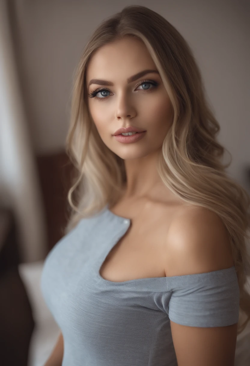 arafed frau voll , Sexy girl with blue eyes, ultra realistisch, Akribisch detailliert, portrait sophie mudd, blonde hair and large eyes, Selfie einer jungen Frau, Augen im Schlafzimmer, Violet Myers, ohne Make-up, Natural makeup, Blick direkt in die Kamera, Gesicht mit Artgram, dezentes Make-up, Stunning full body shot, die auf dem Bett kniet, im Schlafzimmer, medium to large bust size